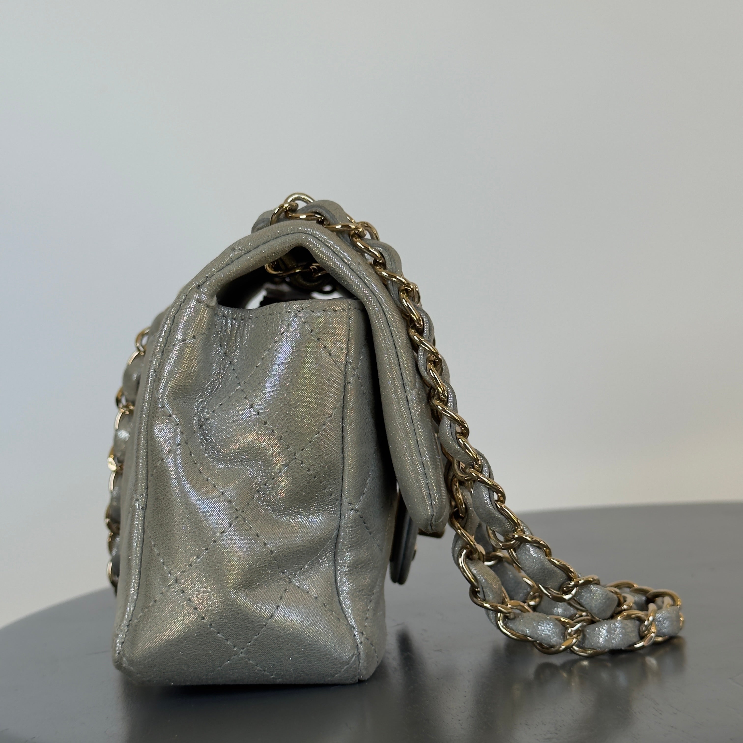 Chanel Iridescent Calfskin Quilted Mini Rectangular Flap Silver - Queen May