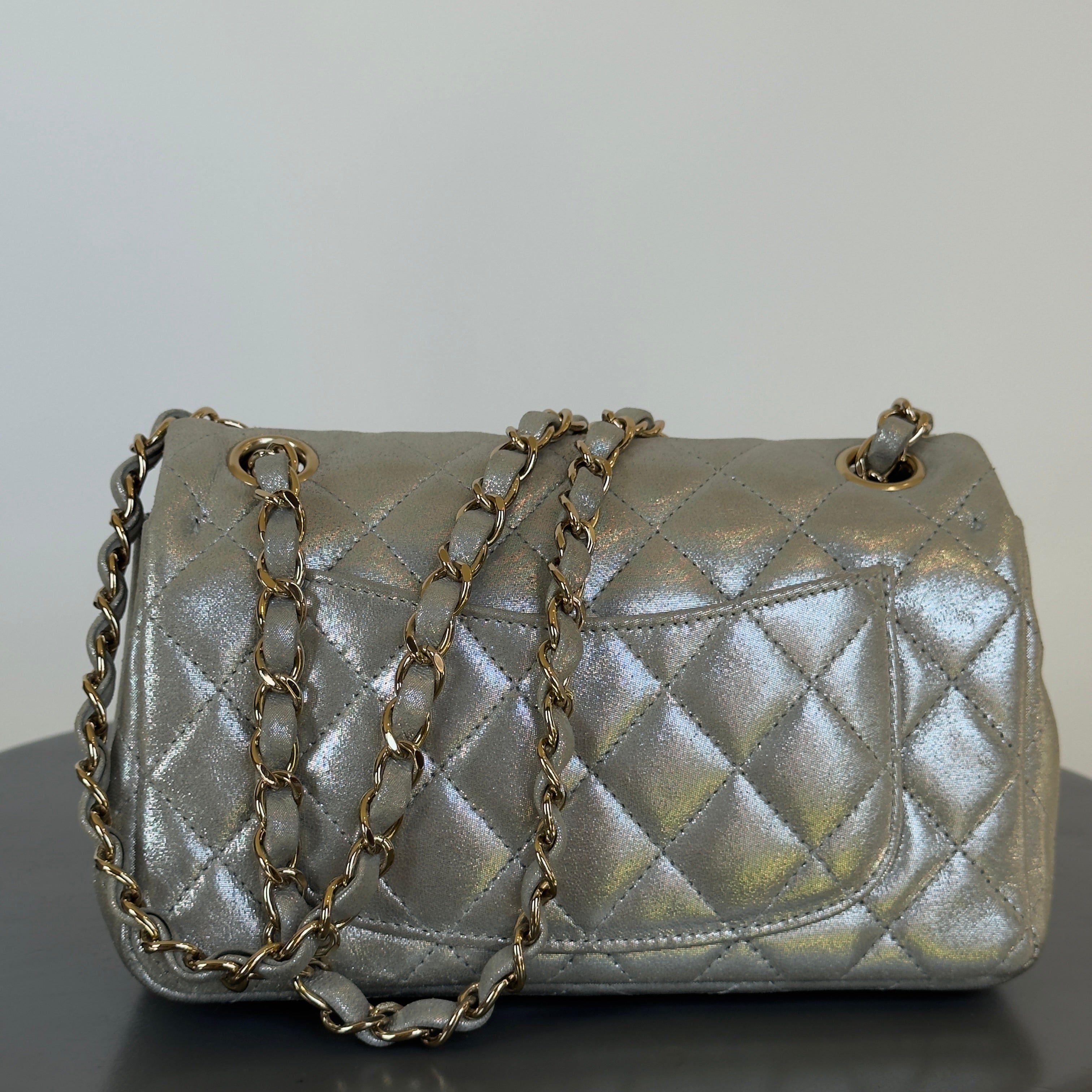 Chanel Iridescent Calfskin Quilted Mini Rectangular Flap Silver - Queen May