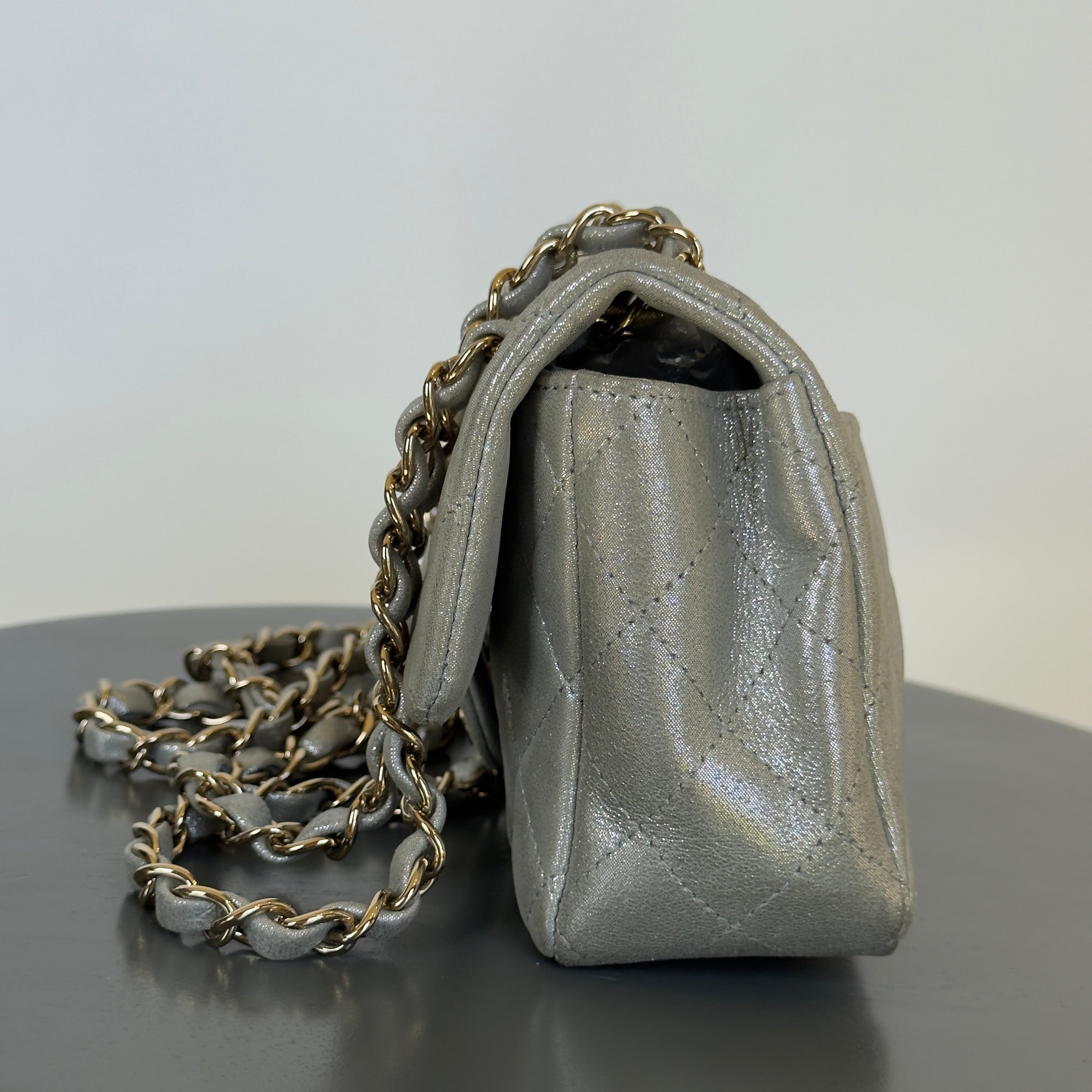 Chanel Iridescent Calfskin Quilted Mini Rectangular Flap Silver