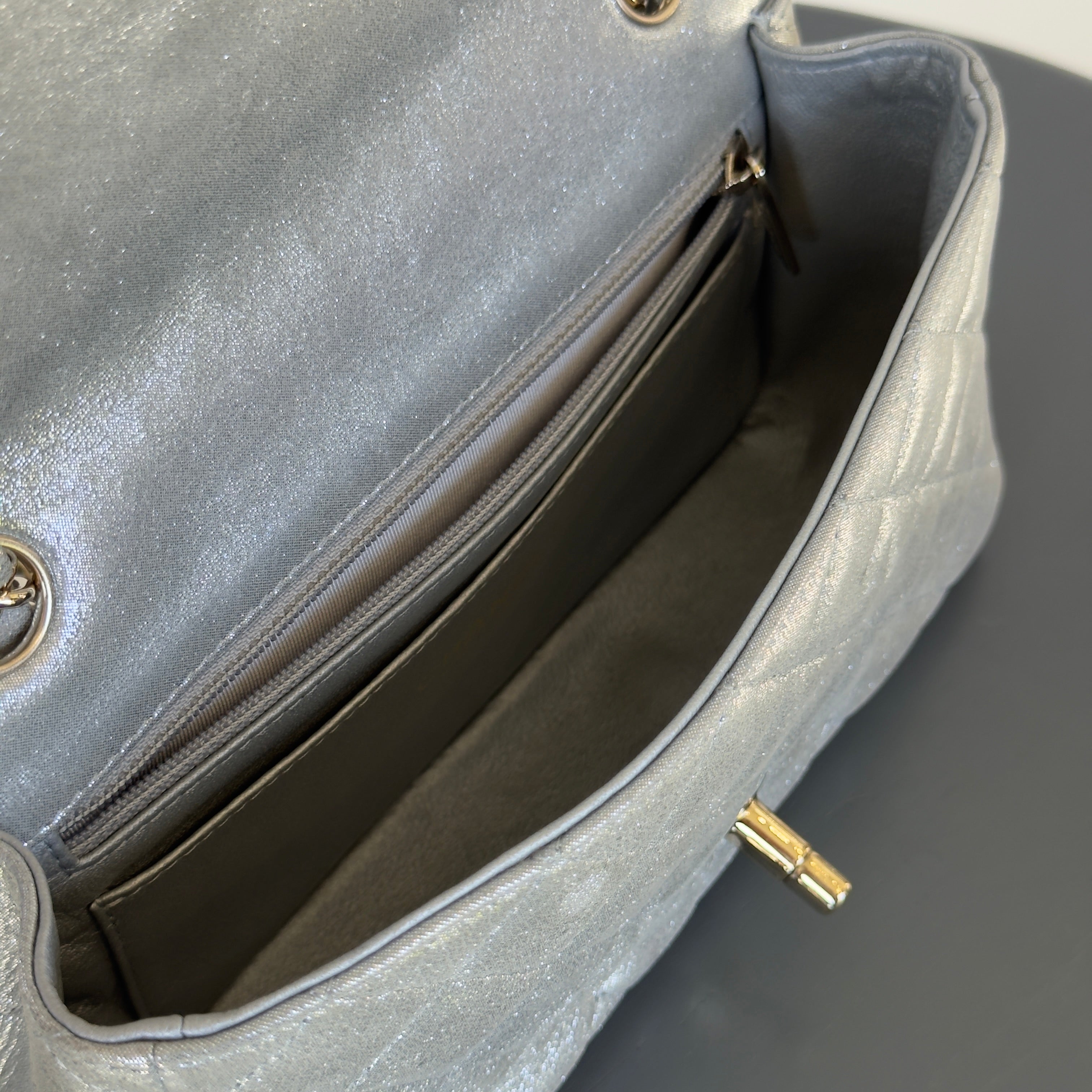 Chanel Iridescent Calfskin Quilted Mini Rectangular Flap Silver