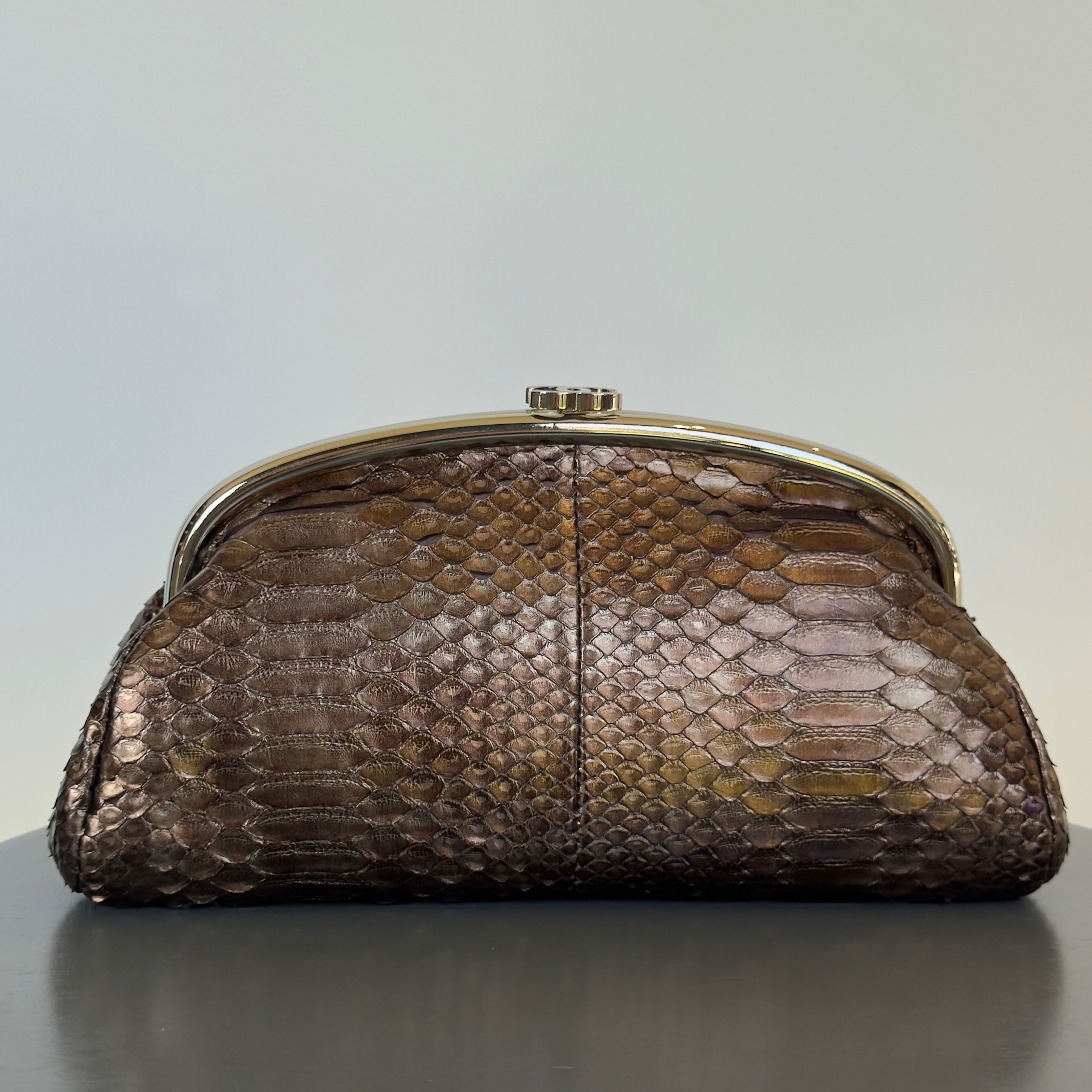 Chanel Metallic Python Timeless Clutch Khaki