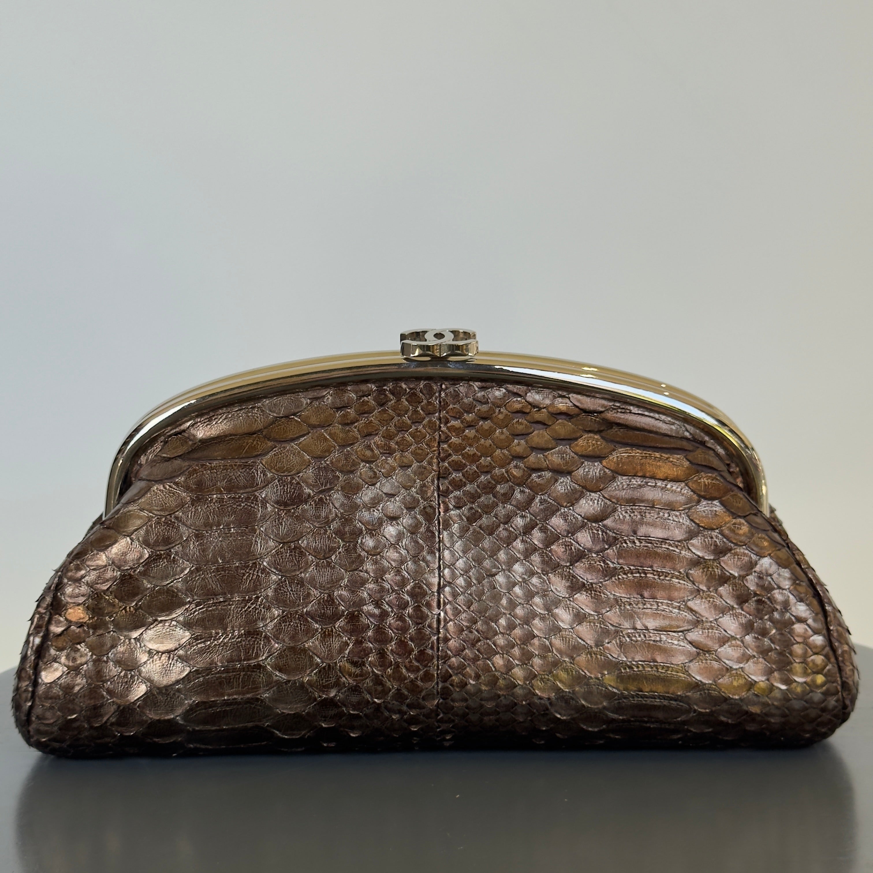 Chanel Metallic Python Timeless Clutch Khaki