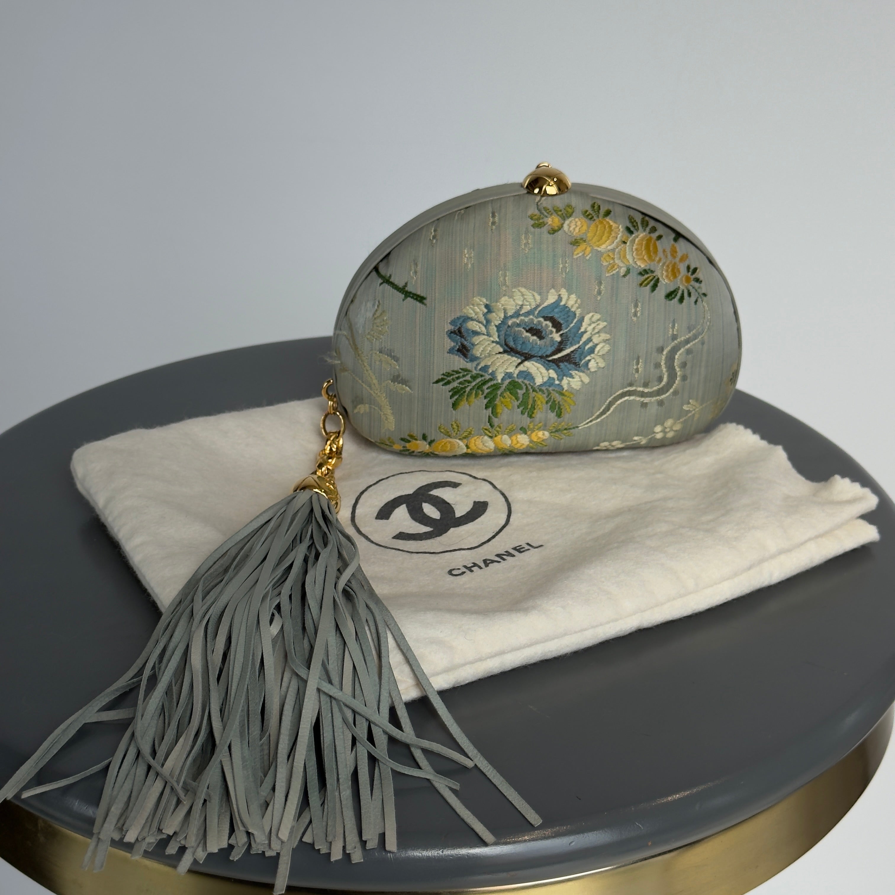 Rare Vintage Chanel Timeless Clutch Blue Brocade Silk Gold Hardware - Queen May