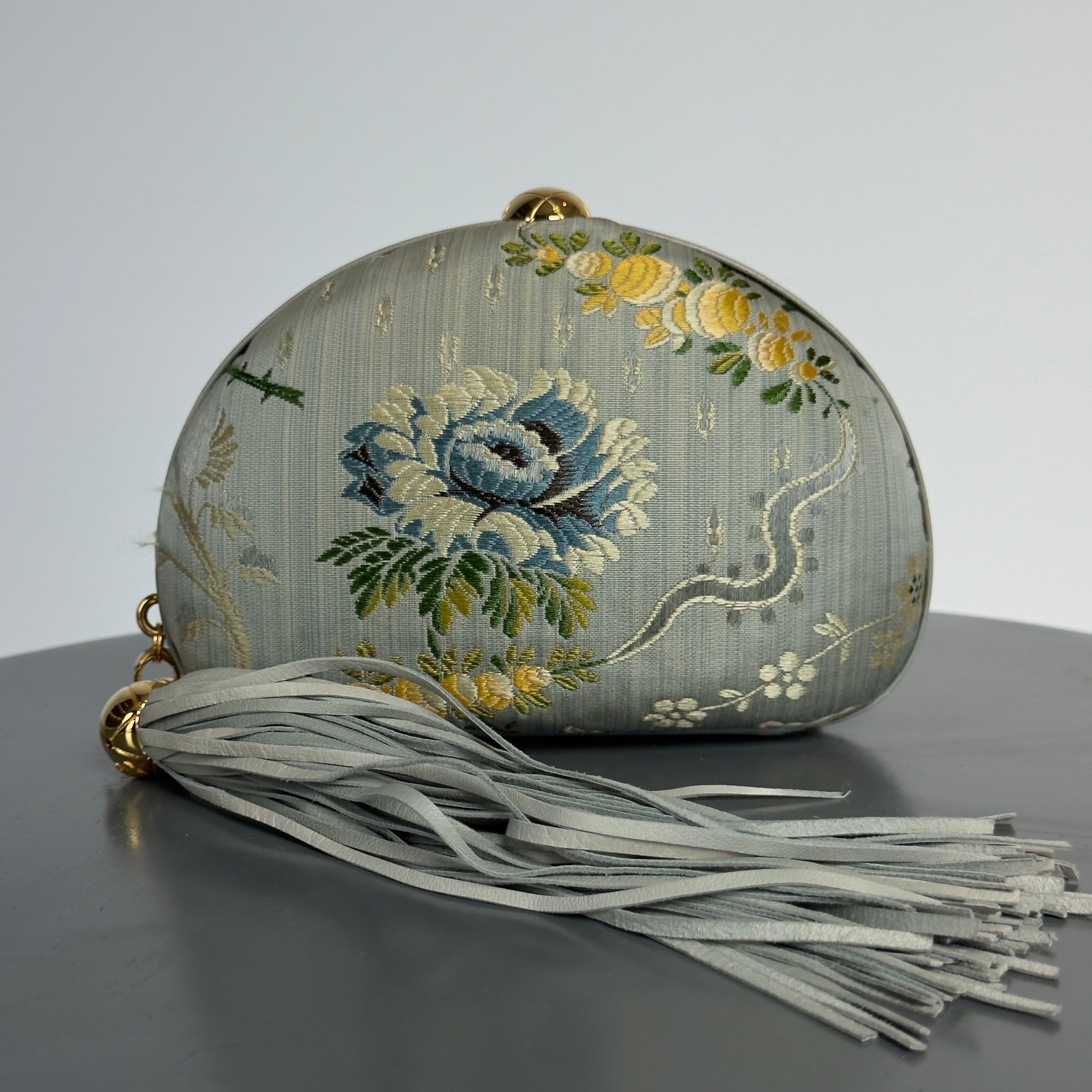 Rare Vintage Chanel Timeless Clutch Blue Brocade Silk Gold Hardware - Queen May