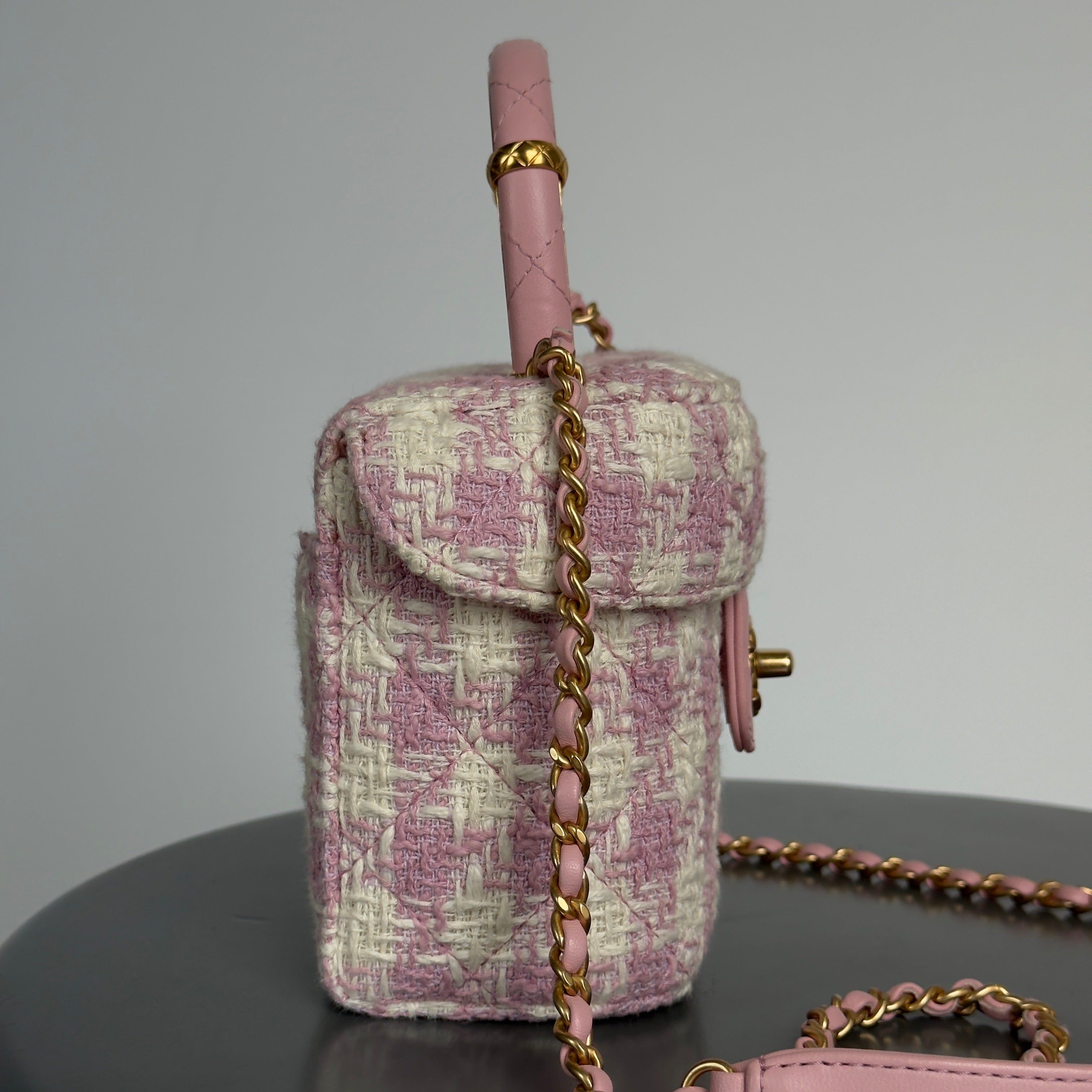 Chanel Pink Ecru Tweed Handle Crush Small Vanity Case - Queen May