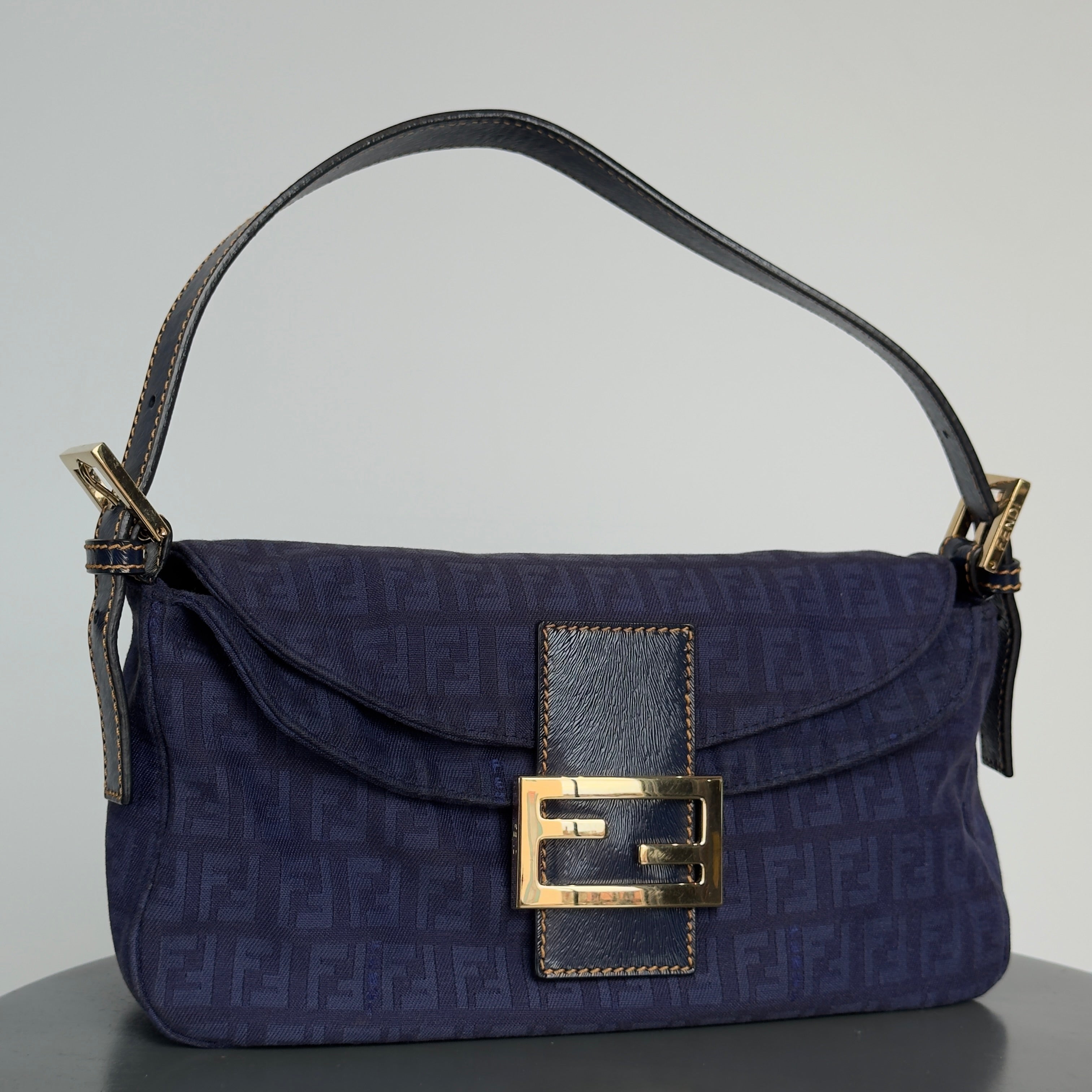 Fendi Zucca Double Flap Baguette Navy - Queen May