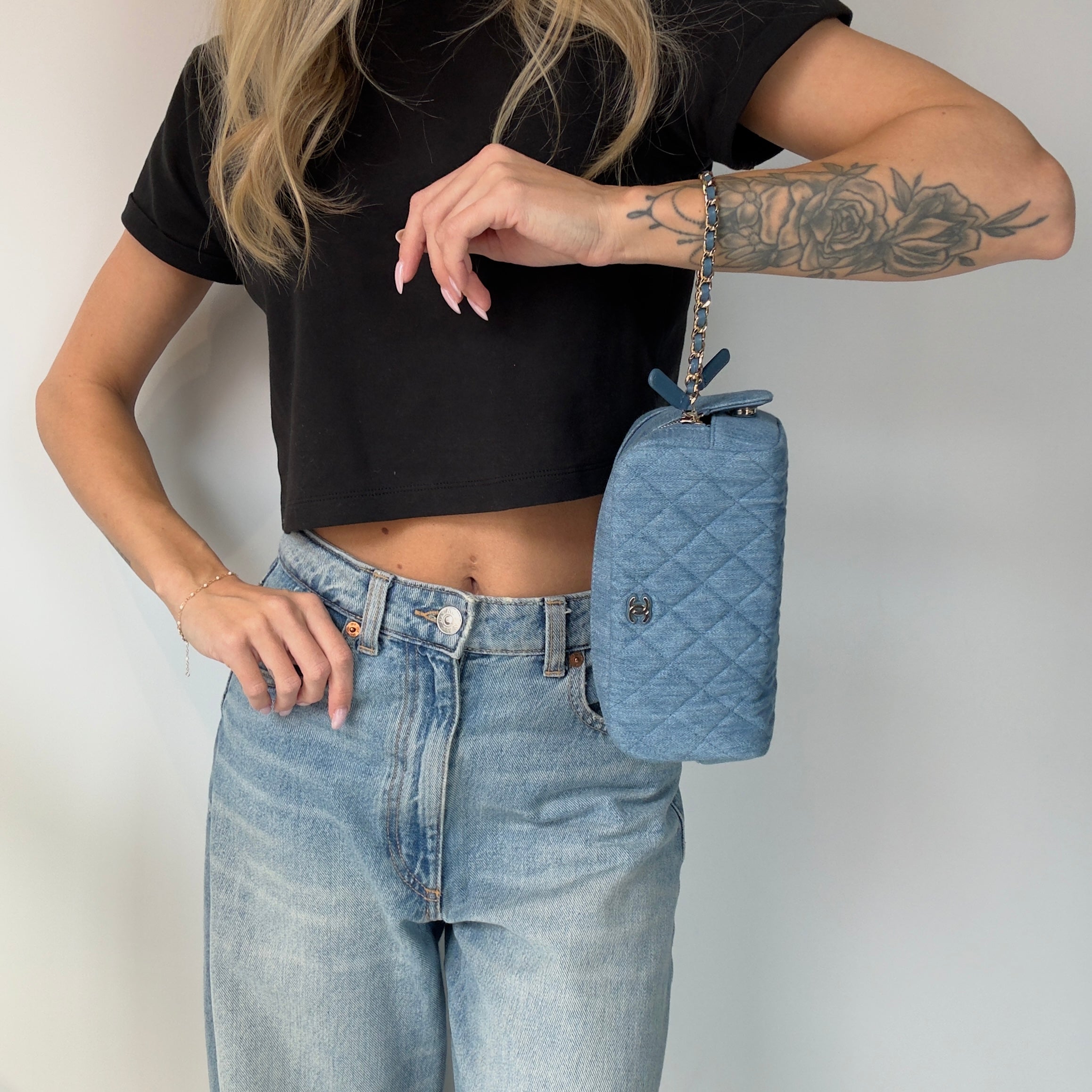 Chanel 24C Blue Denim Quilted Cosmetic Pouch on Chain - Queen May