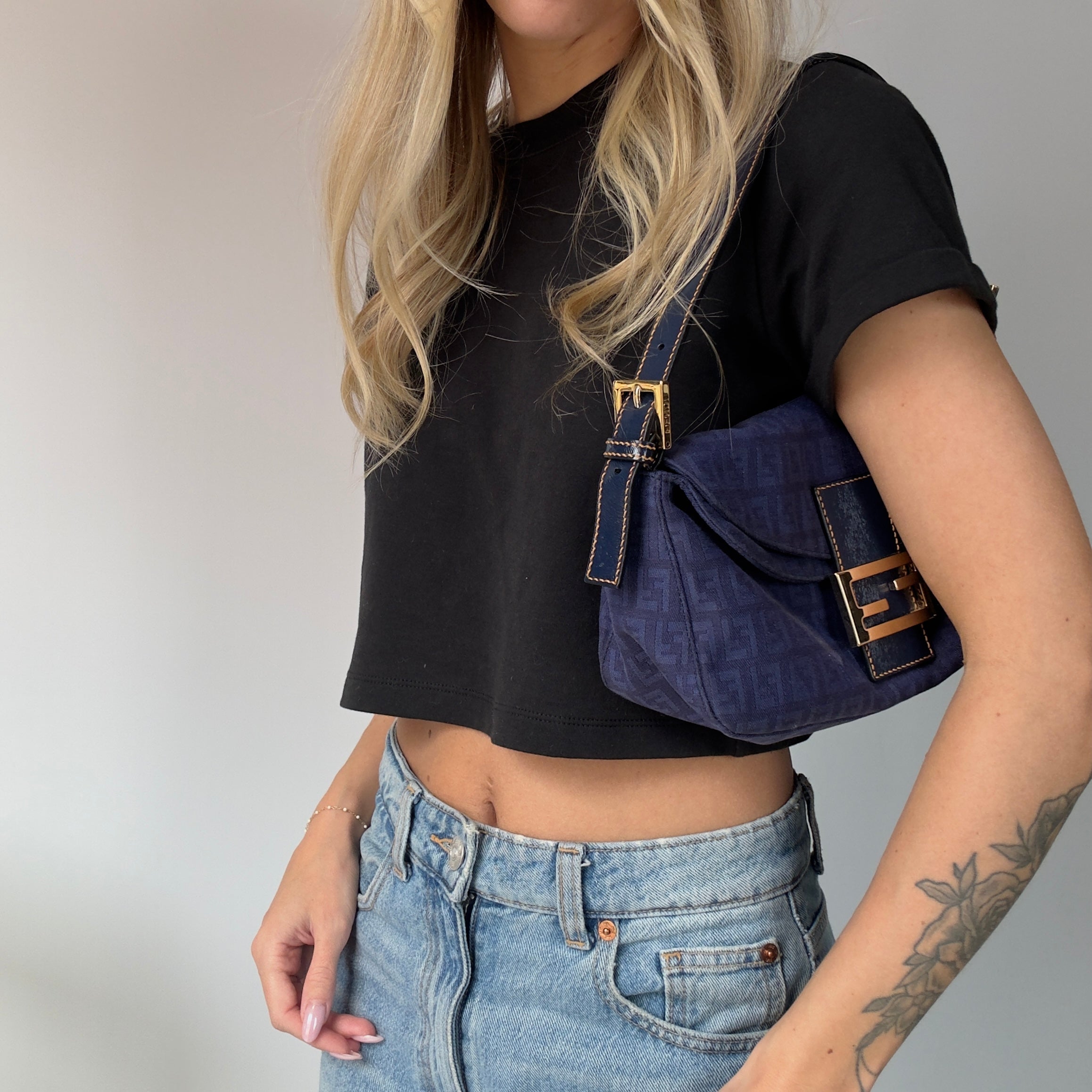 Fendi Zucca Double Flap Baguette Navy - Queen May