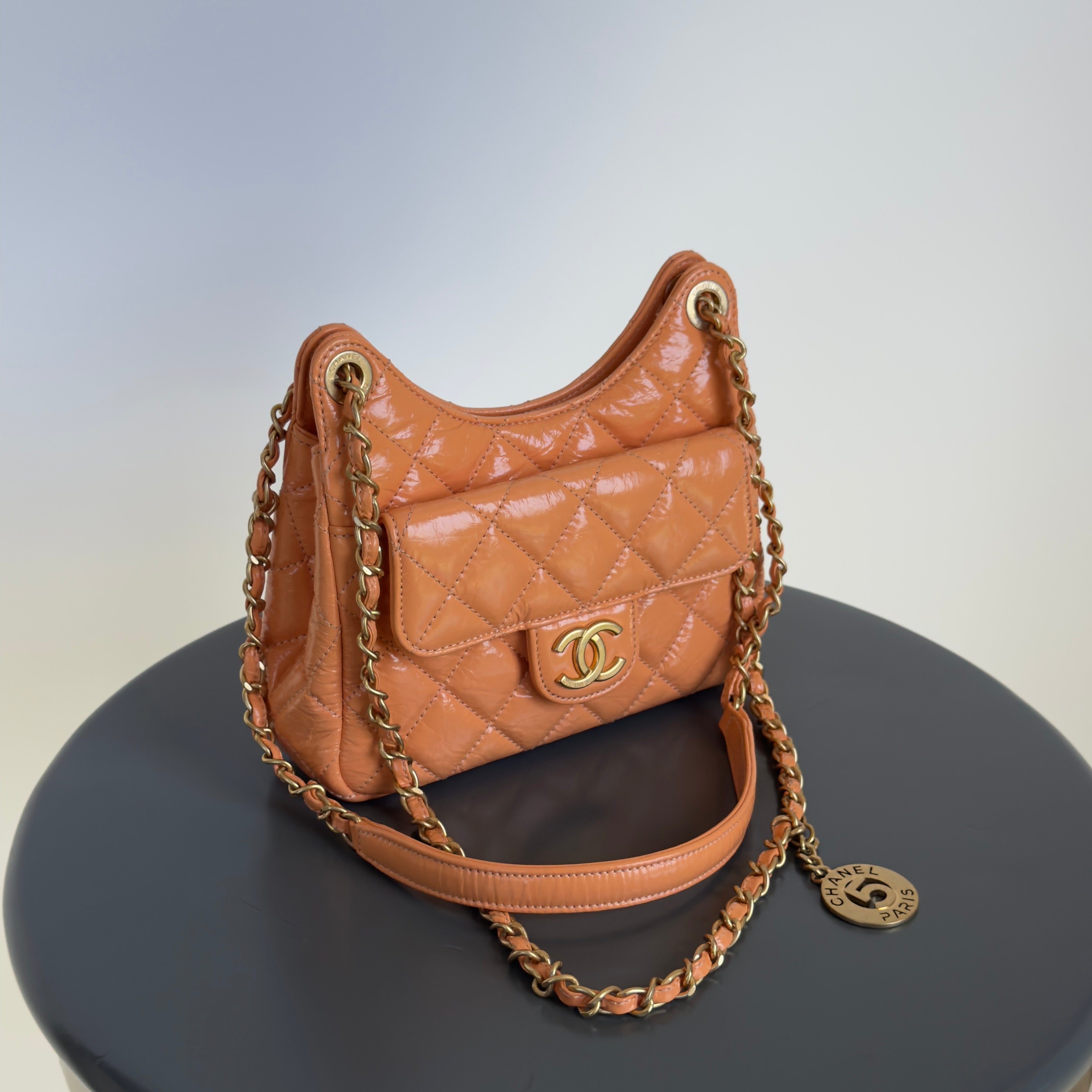 Chanel Orange Shiny Crumpled Quilted Leather Small Wavy CC Hobo 2023 - Queen May