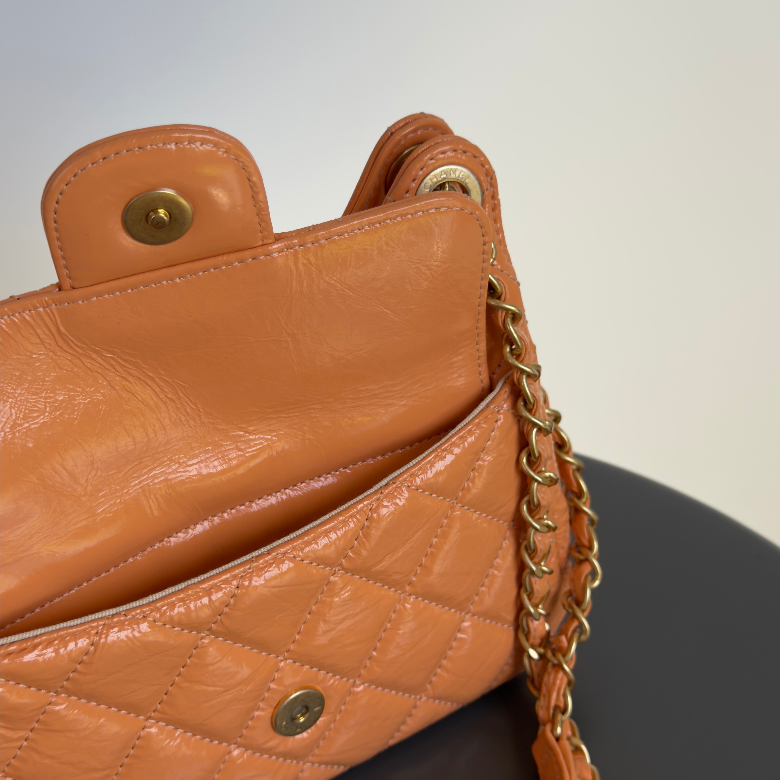Chanel Orange Shiny Crumpled Quilted Leather Small Wavy CC Hobo 2023 - Queen May