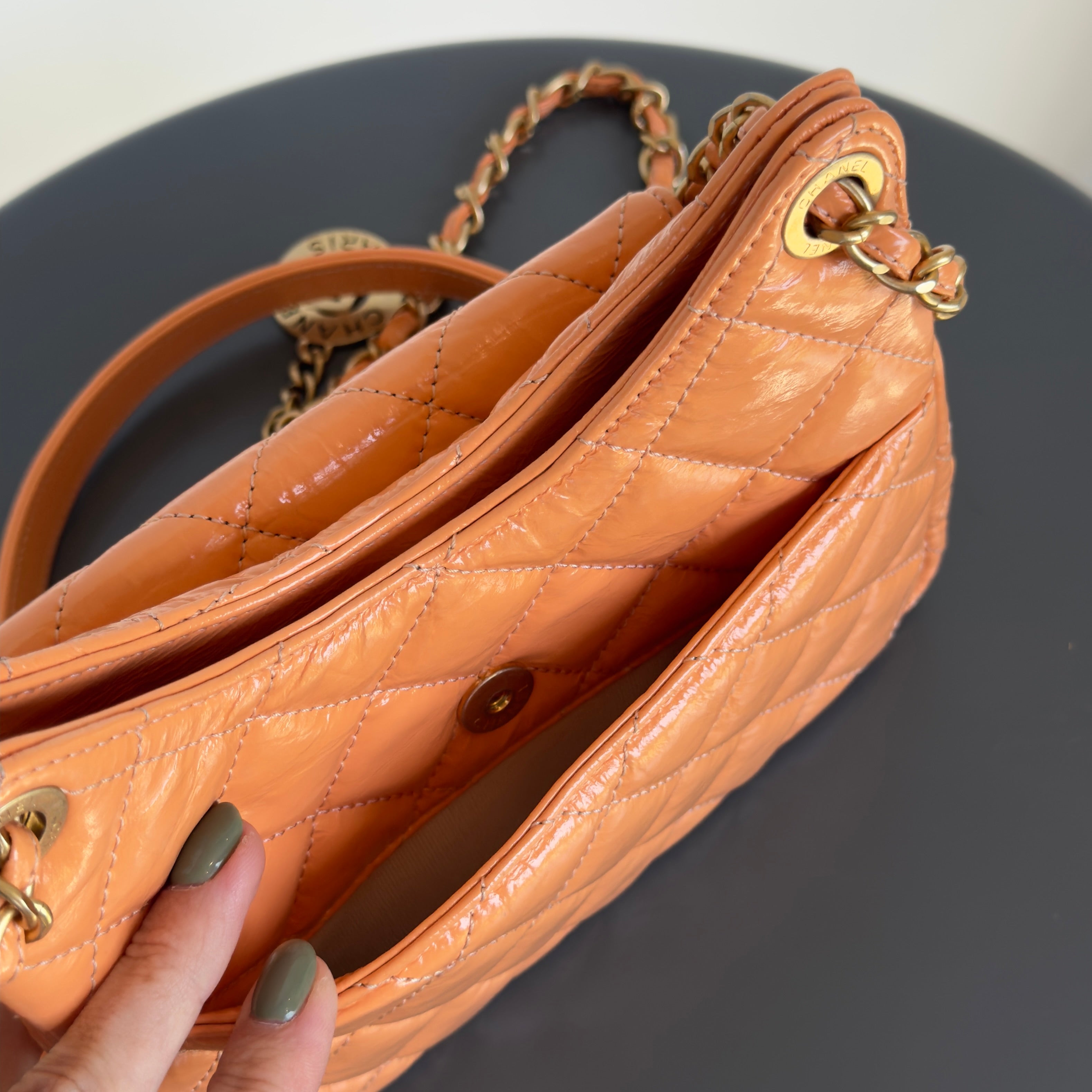 Chanel Orange Shiny Crumpled Quilted Leather Small Wavy CC Hobo 2023 - Queen May