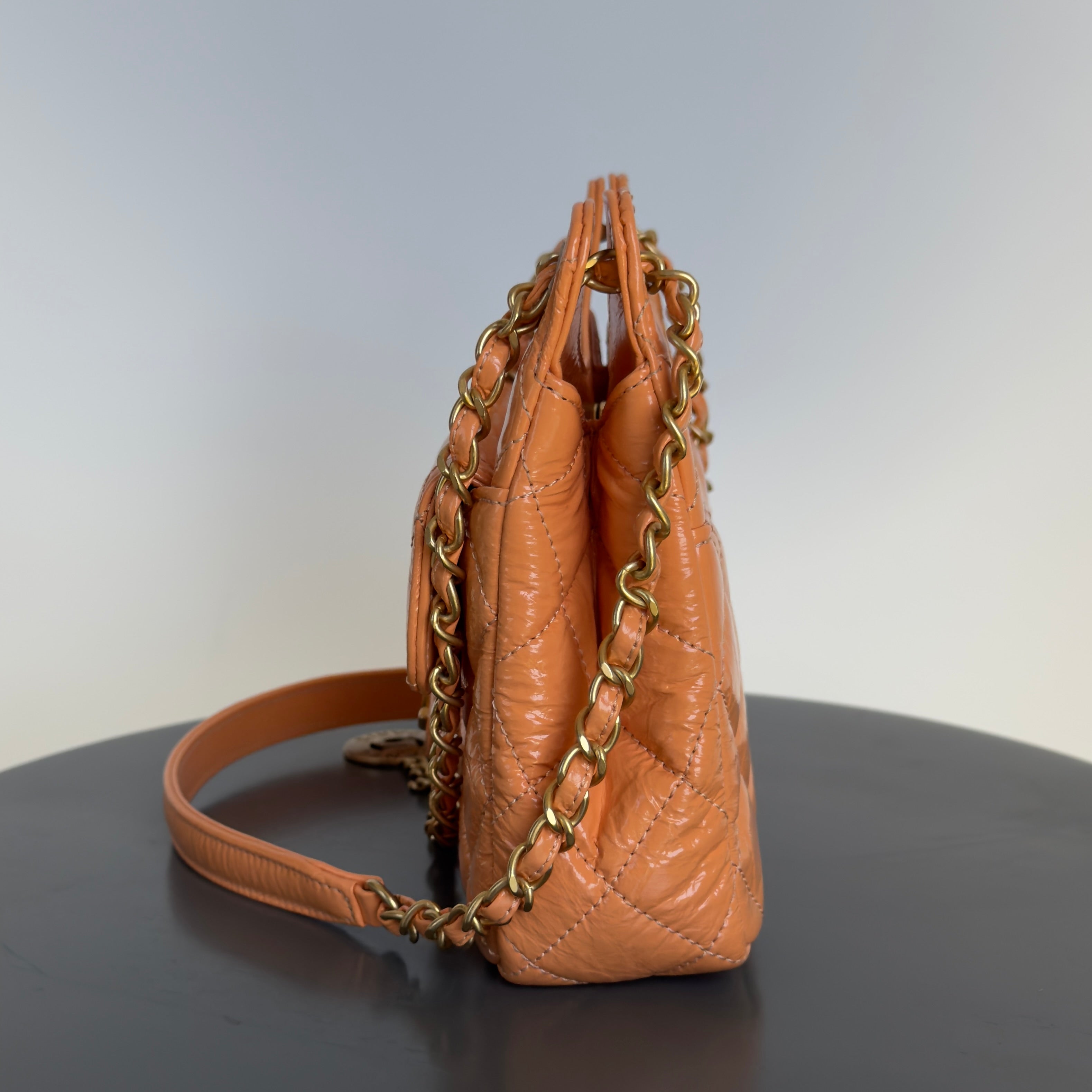 Chanel Orange Shiny Crumpled Quilted Leather Small Wavy CC Hobo 2023 - Queen May