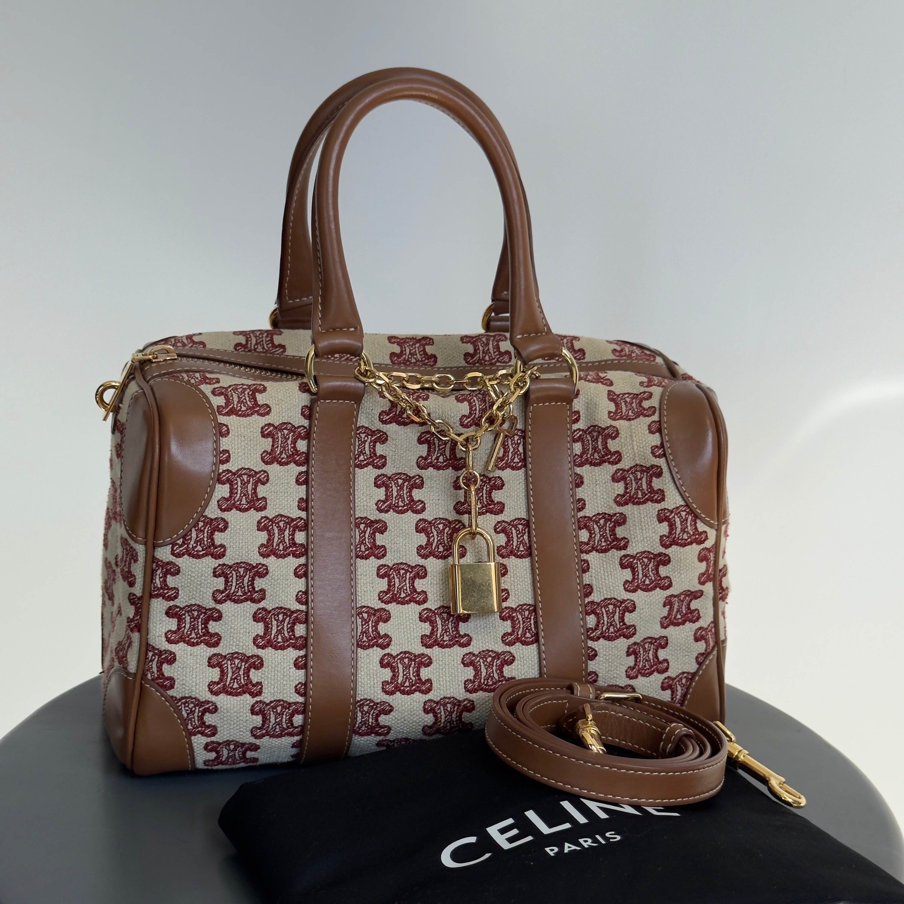 Celine Triomphe Textile Calfskin Small Boston Bag Brown - Queen May