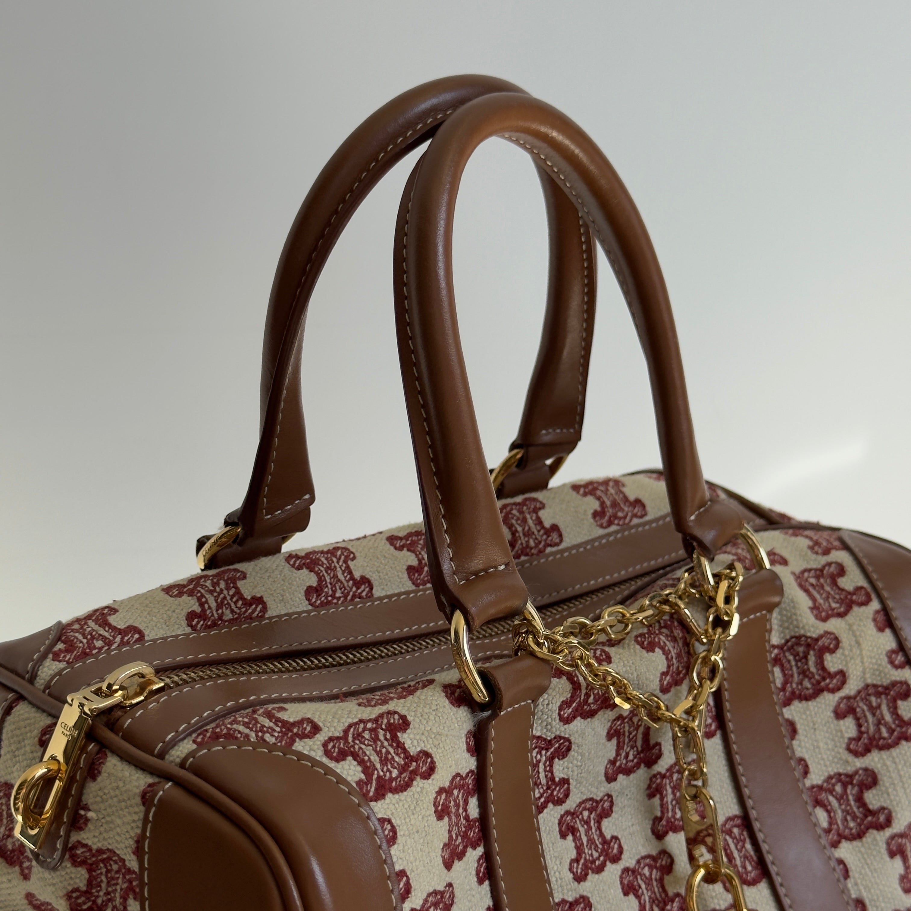 Celine Triomphe Textile Calfskin Small Boston Bag Brown - Queen May