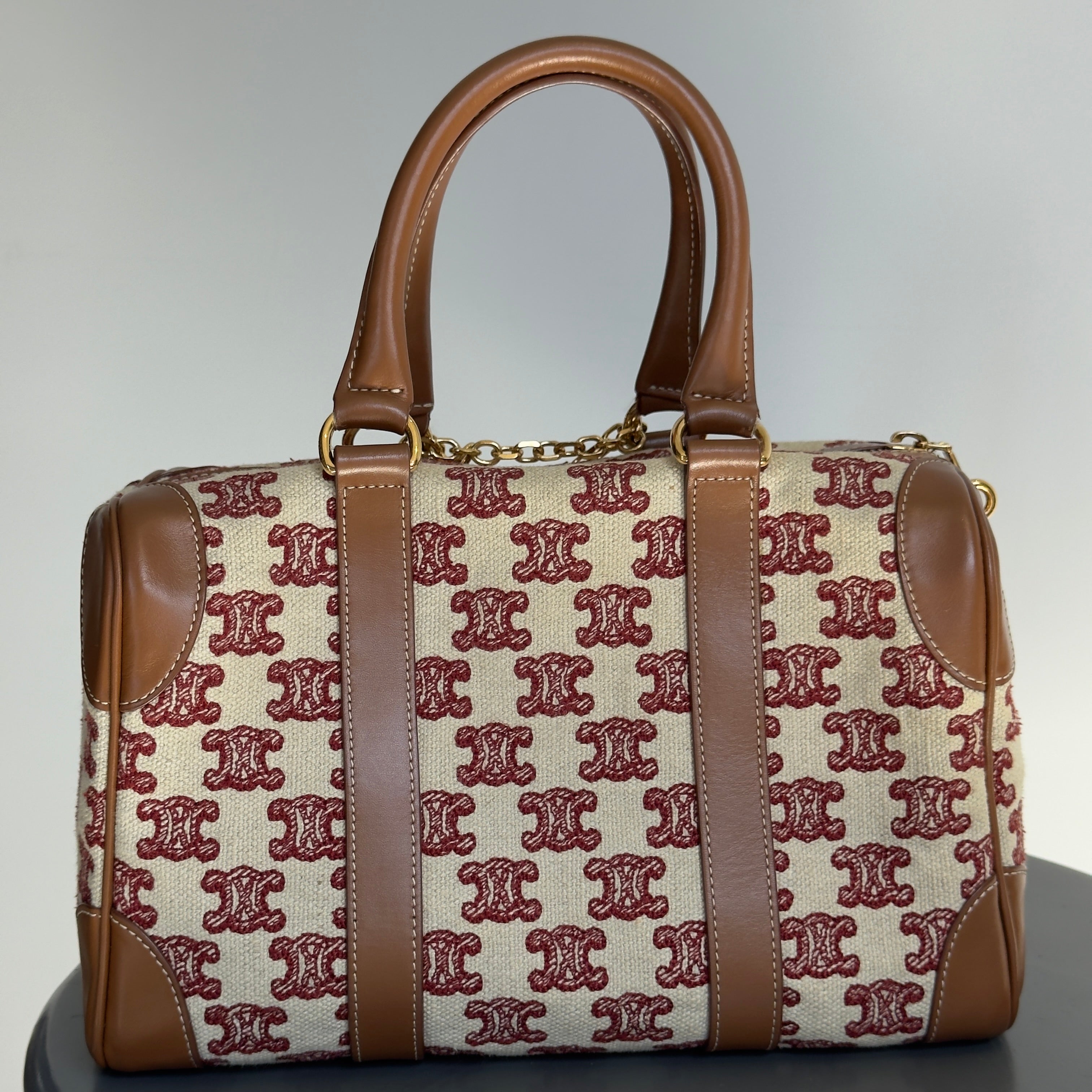 Celine Triomphe Textile Calfskin Small Boston Bag Brown - Queen May