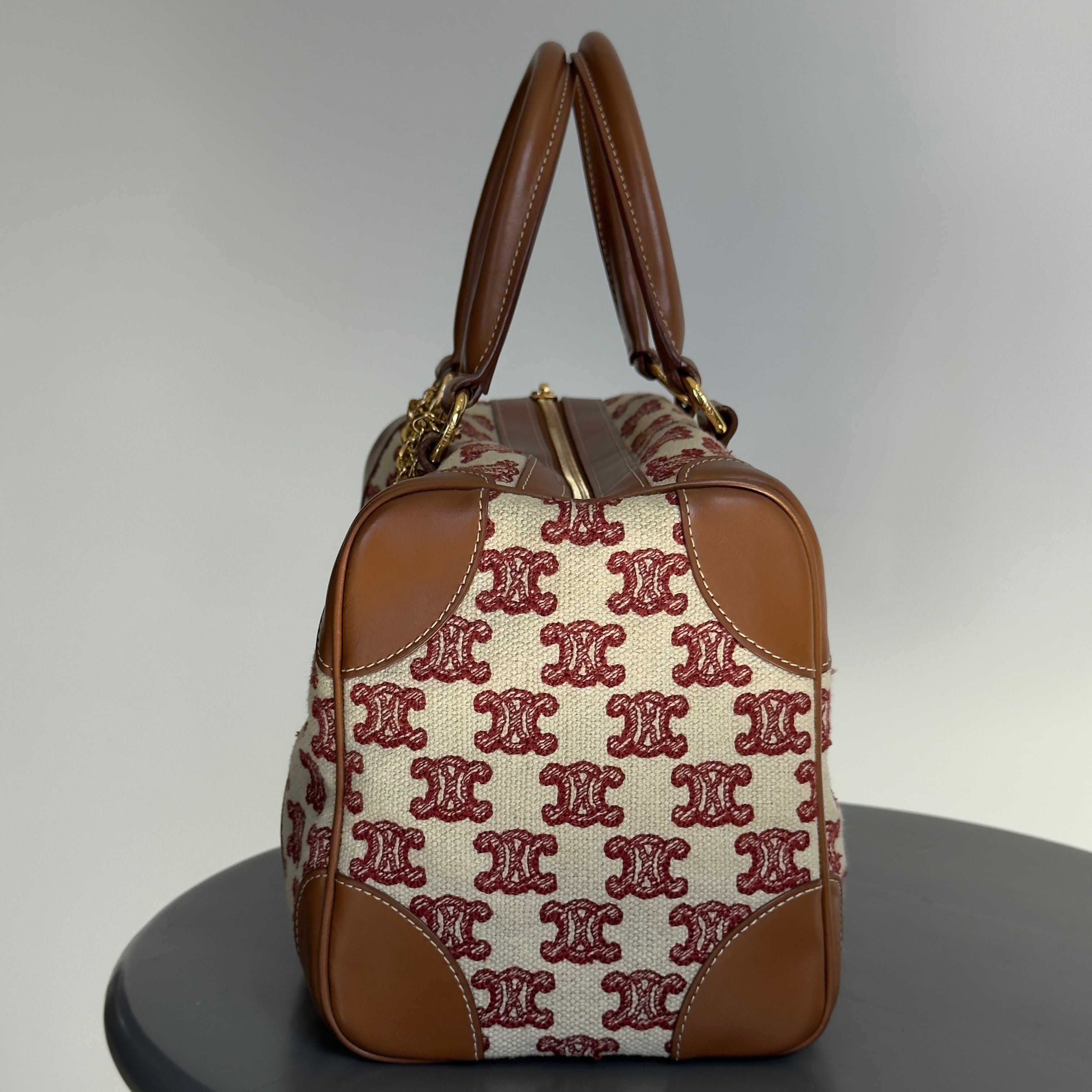 Celine Triomphe Textile Calfskin Small Boston Bag Brown - Queen May