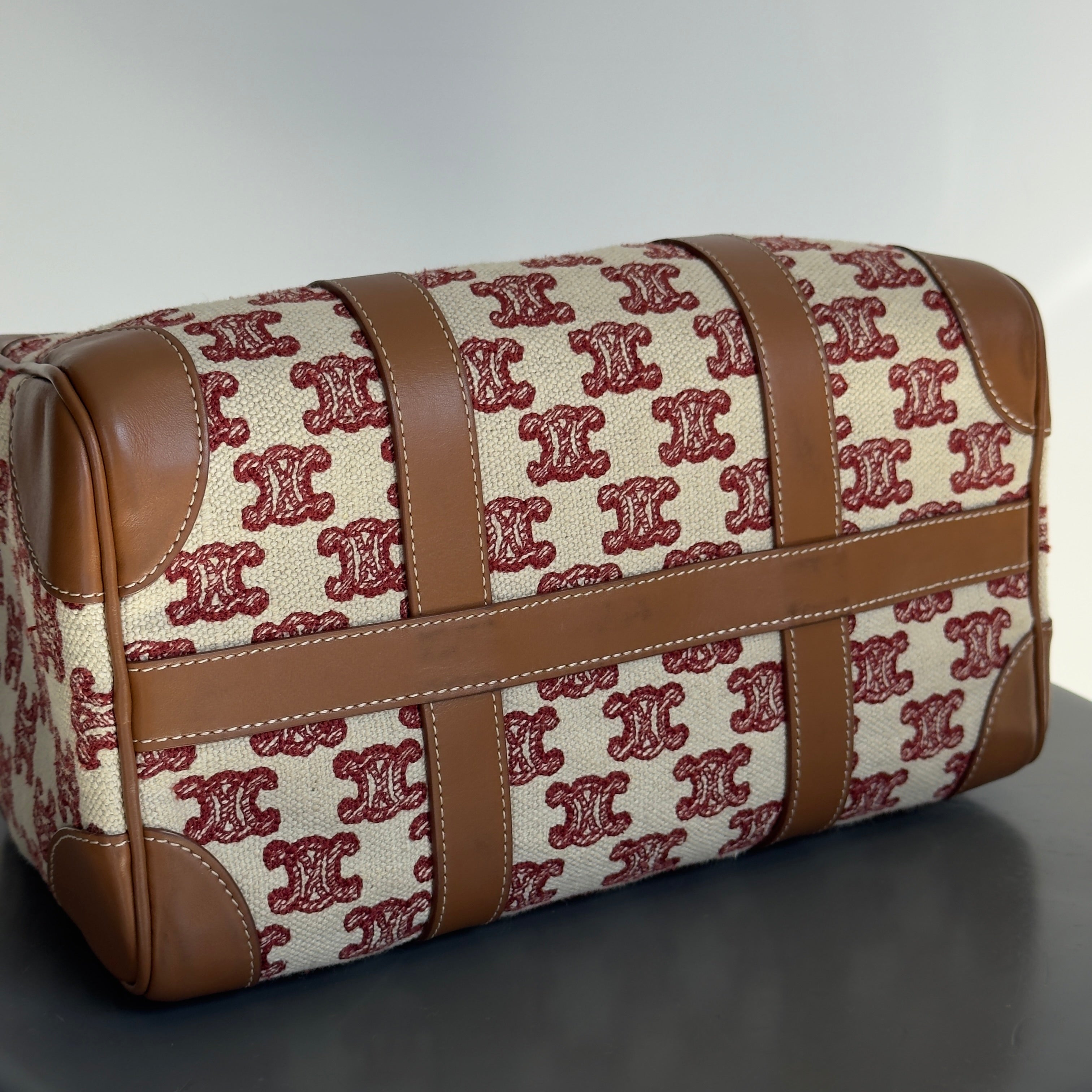 Celine Triomphe Textile Calfskin Small Boston Bag Brown - Queen May
