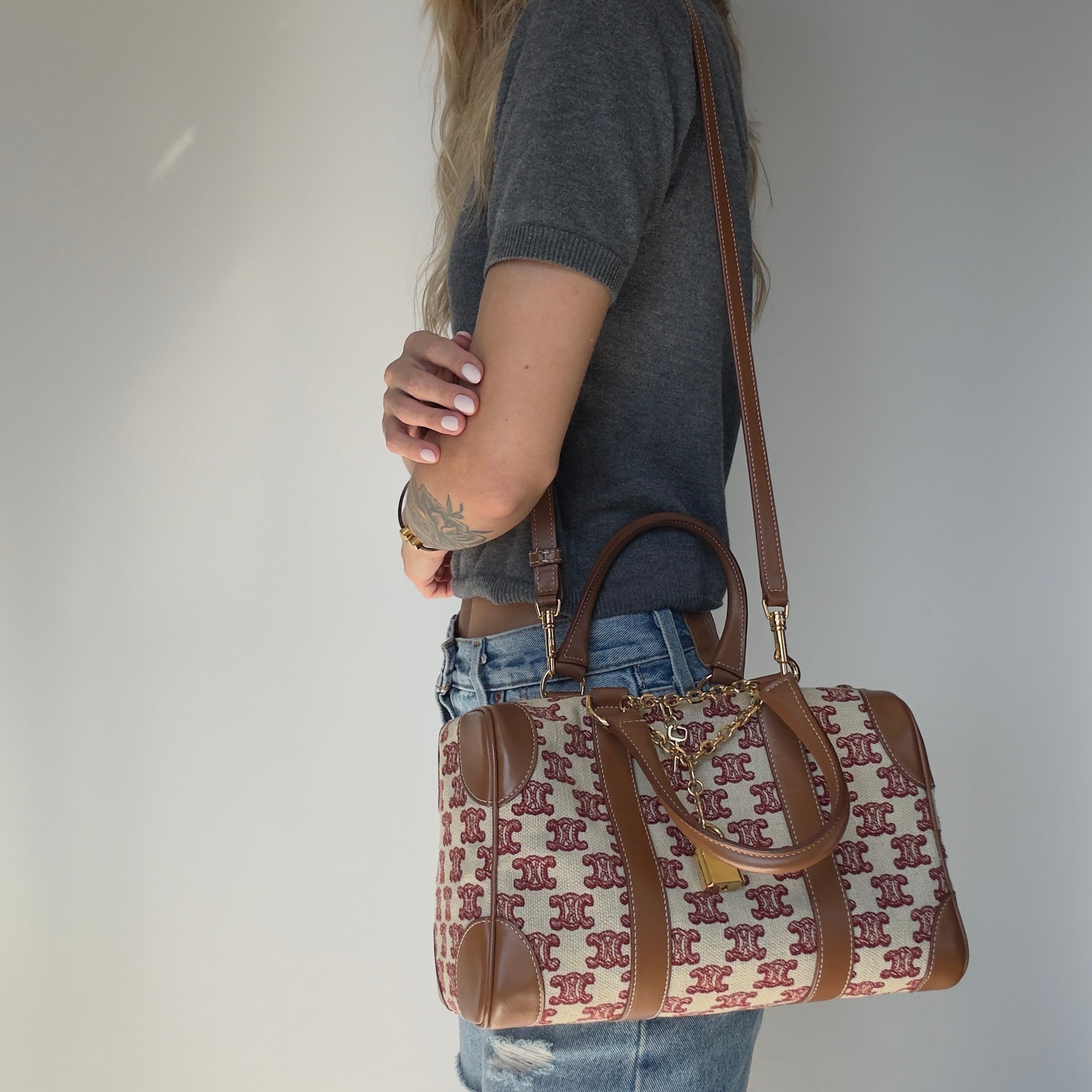 Celine Triomphe Textile Calfskin Small Boston Bag Brown - Queen May