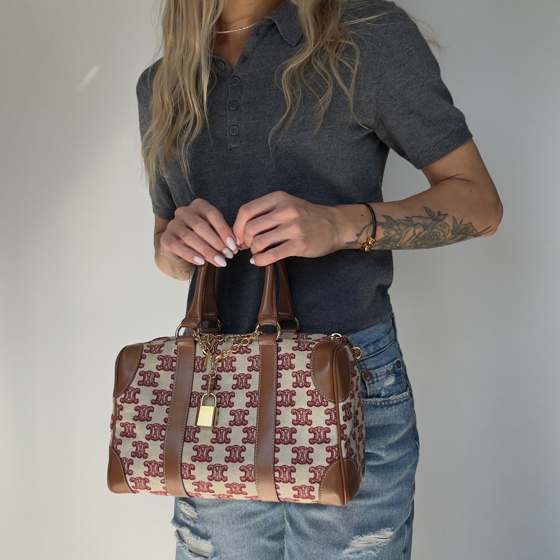 Celine Triomphe Textile Calfskin Small Boston Bag Brown - Queen May