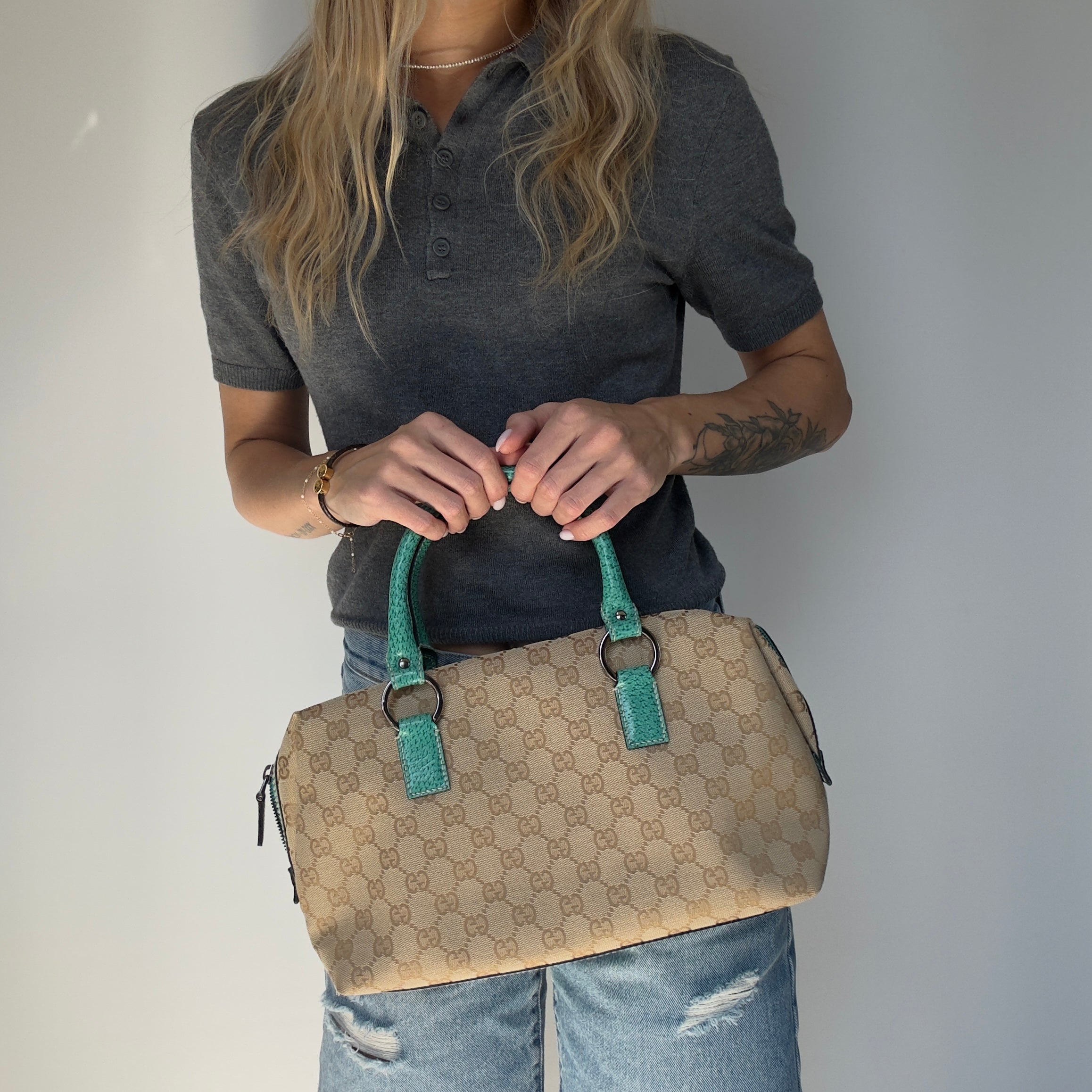 Gucci GG Canvas Boston Bag Teal - Queen May