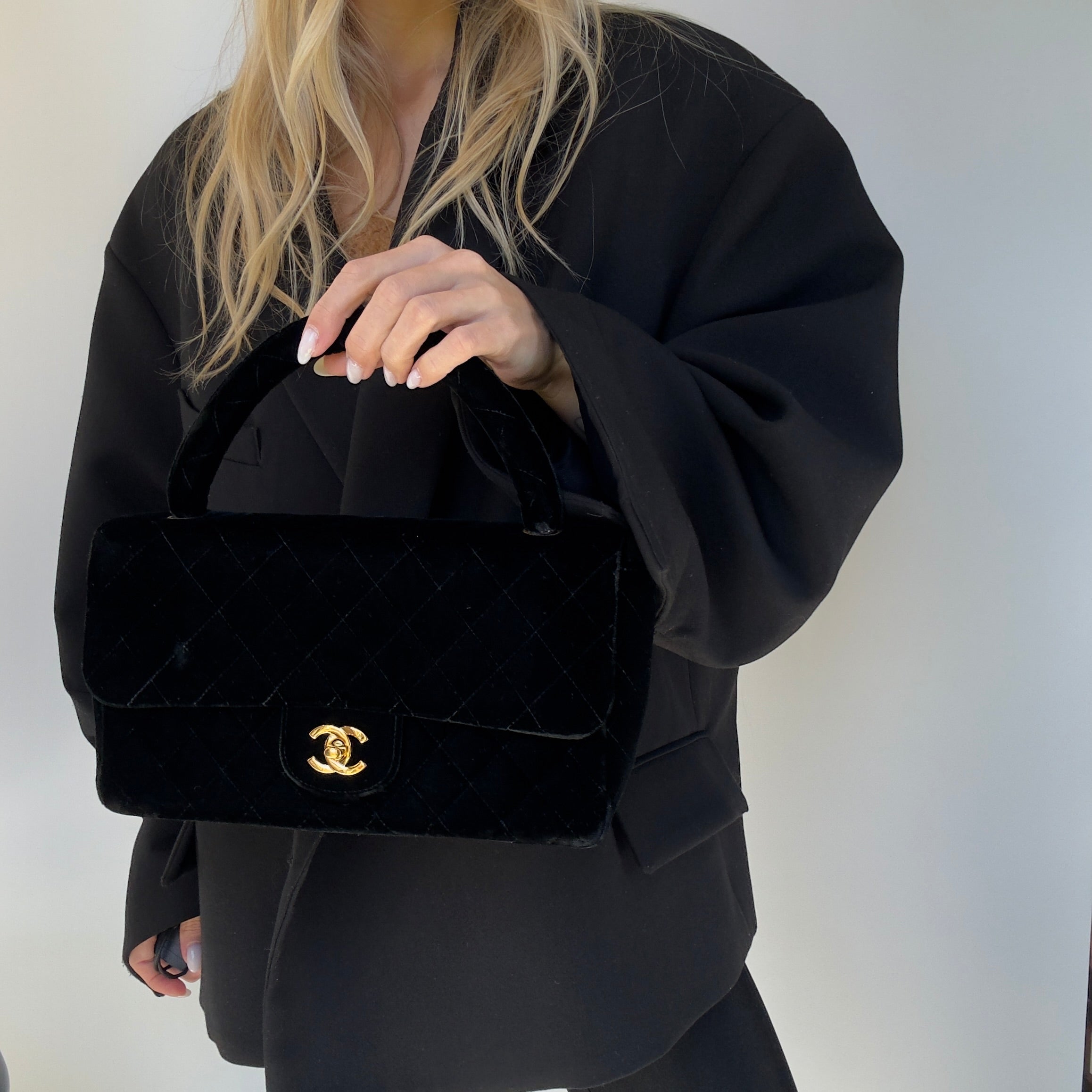 Chanel Black Quilted Velvet Medium Top Handle Bag - Queen May