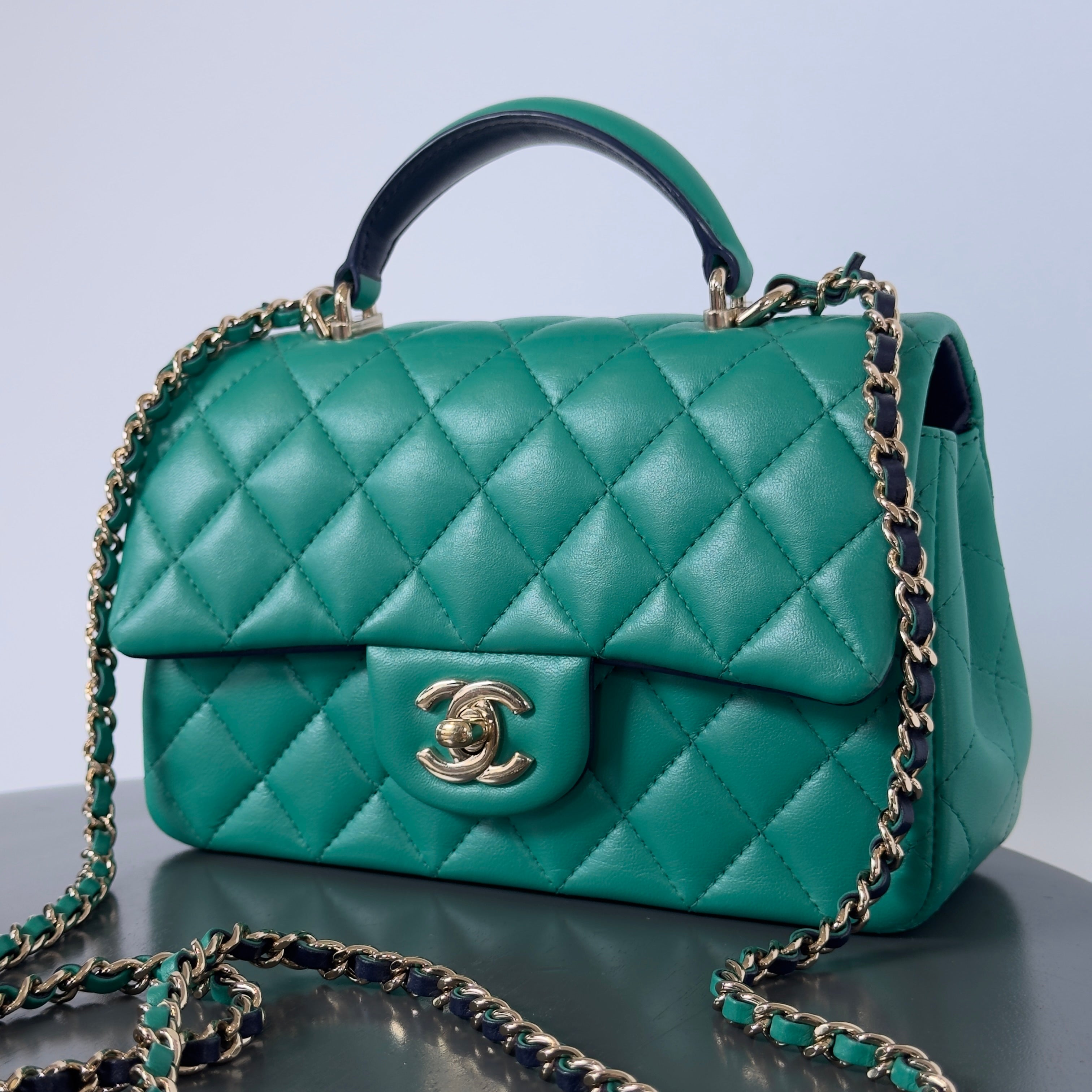 Chanel Rectangular Mini Top Handle Flap Bag Green - Queen May