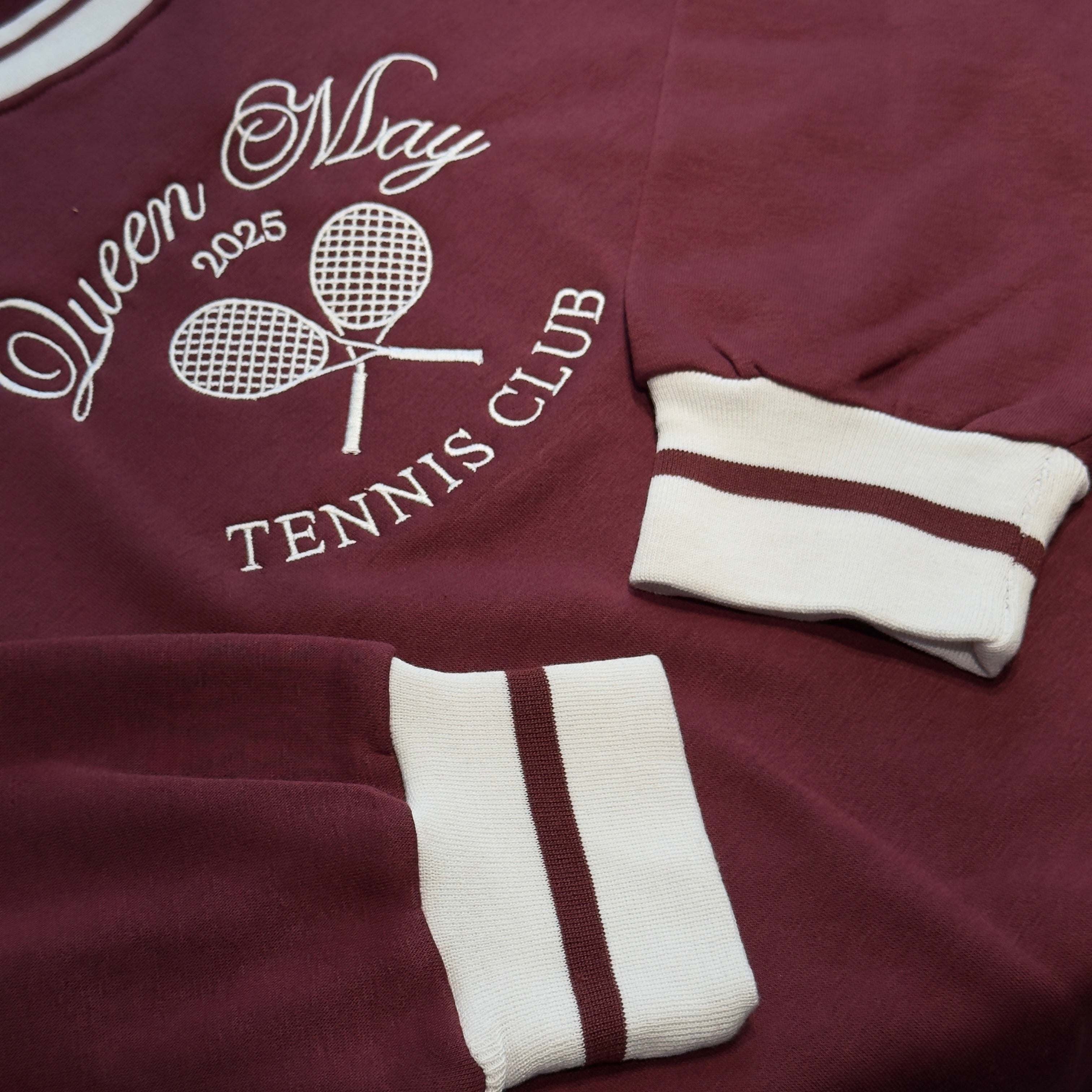 Queen May Tennis Club Embroidered Ribbed Hem Burgundy Sweatshirt - Queen May