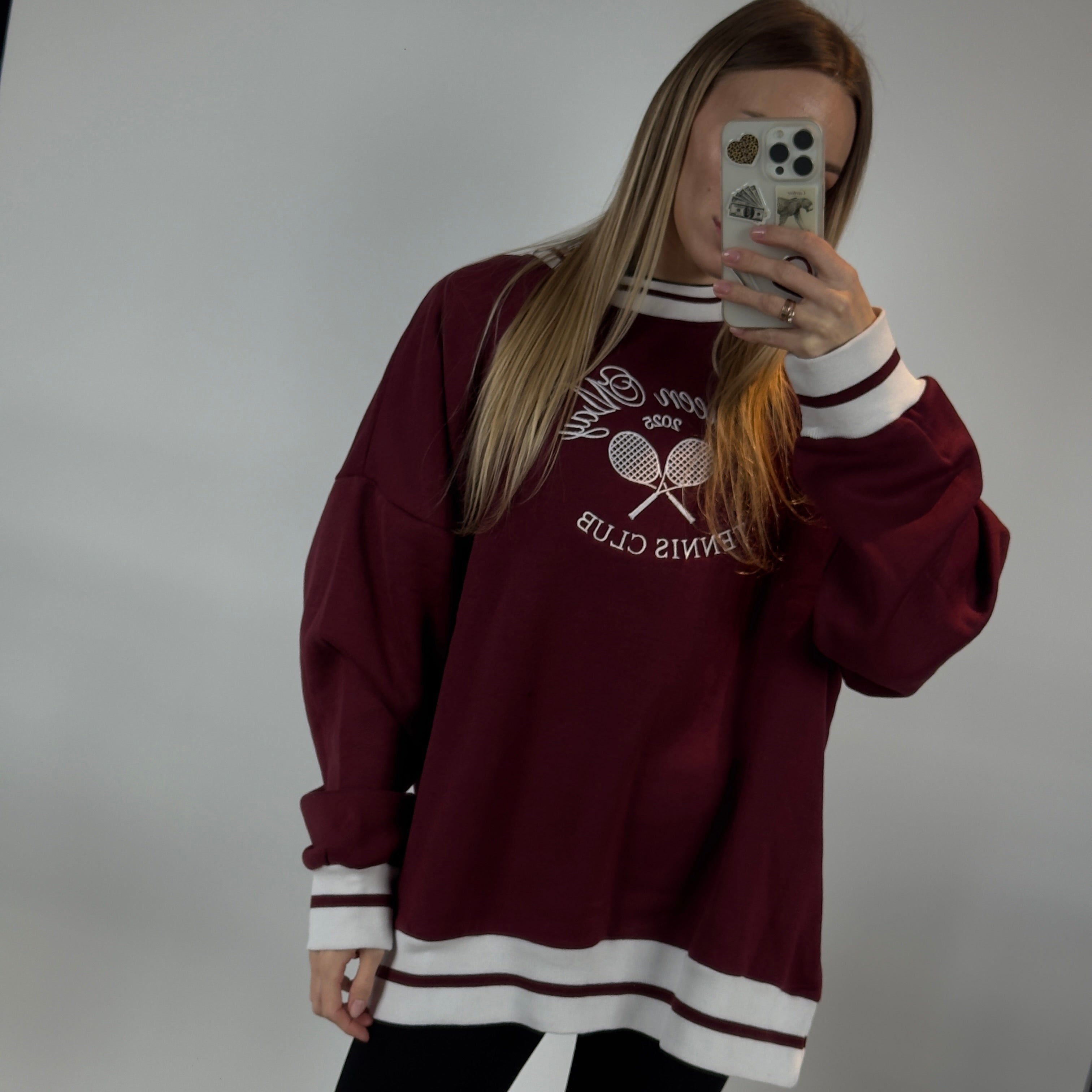 Queen May Tennis Club Embroidered Ribbed Hem Burgundy Sweatshirt - Queen May