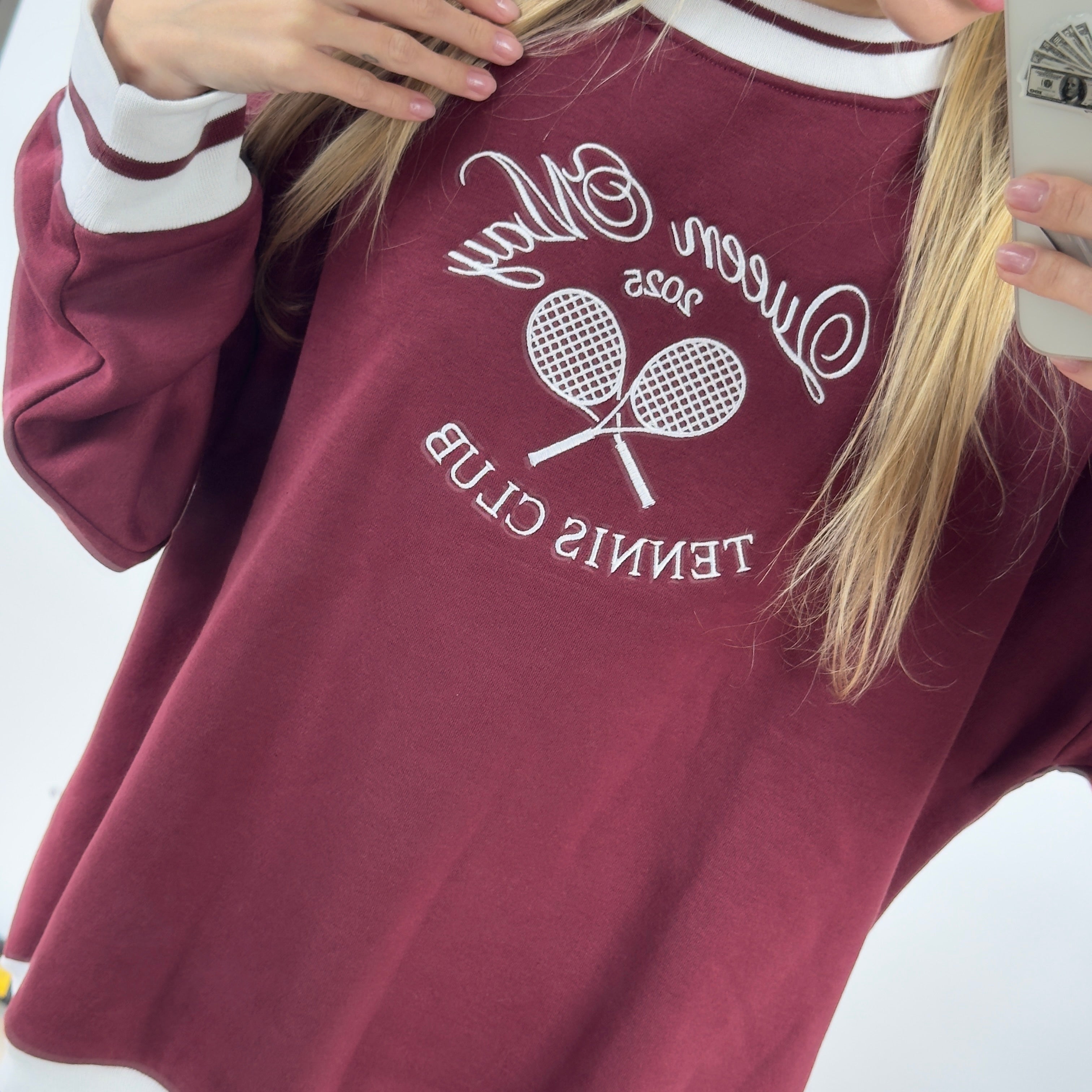 Queen May Tennis Club Embroidered Ribbed Hem Burgundy Sweatshirt - Queen May