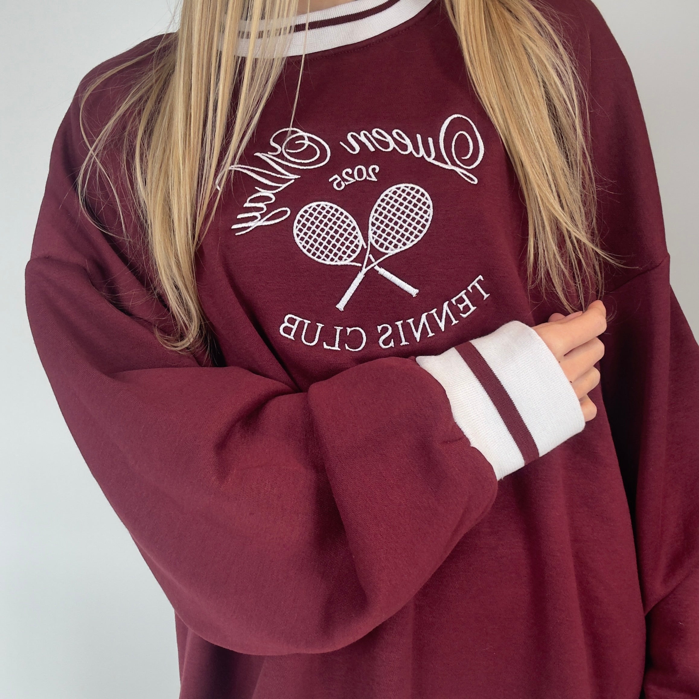 Queen May Tennis Club Embroidered Ribbed Hem Burgundy Sweatshirt - Queen May
