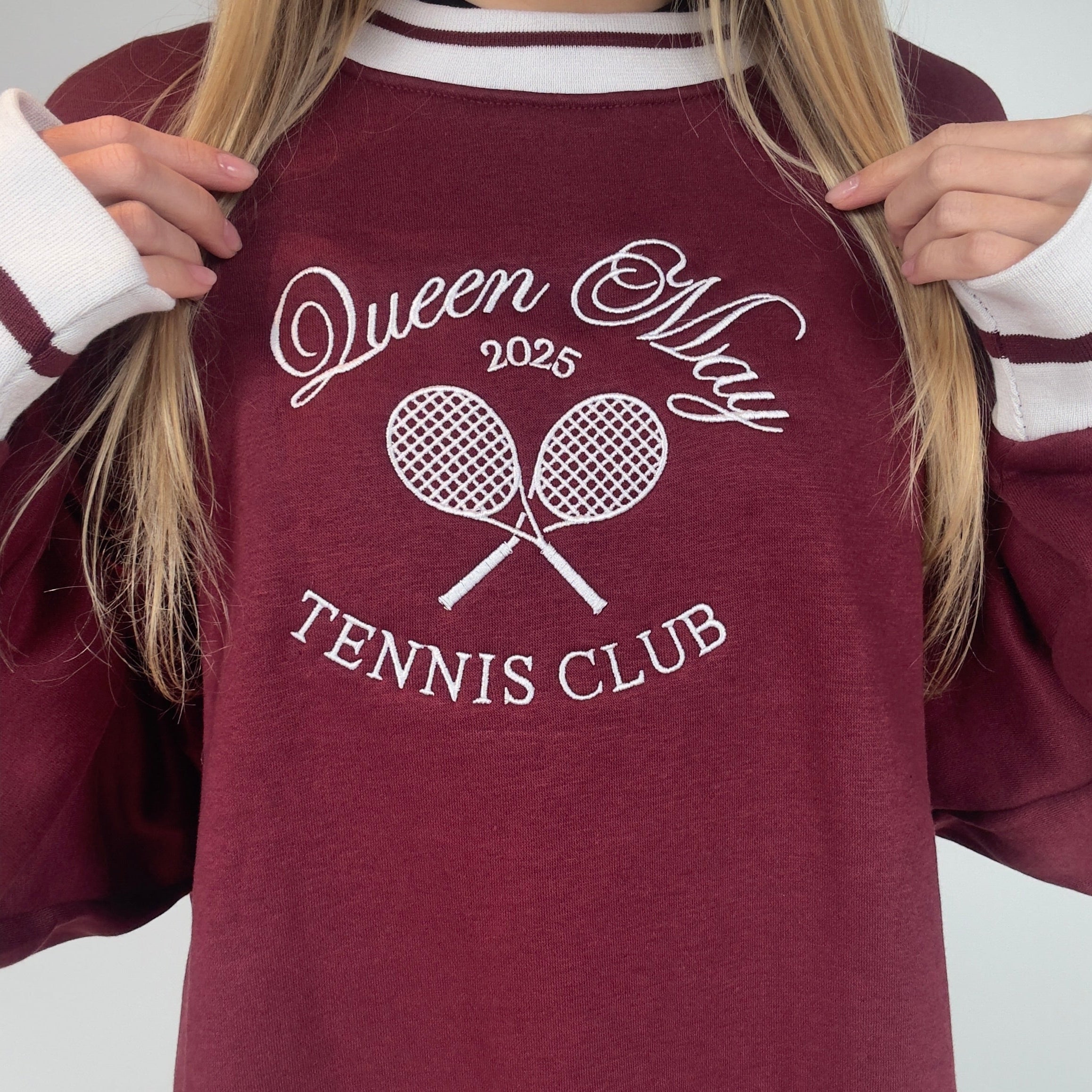 Queen May Tennis Club Embroidered Ribbed Hem Burgundy Sweatshirt - Queen May