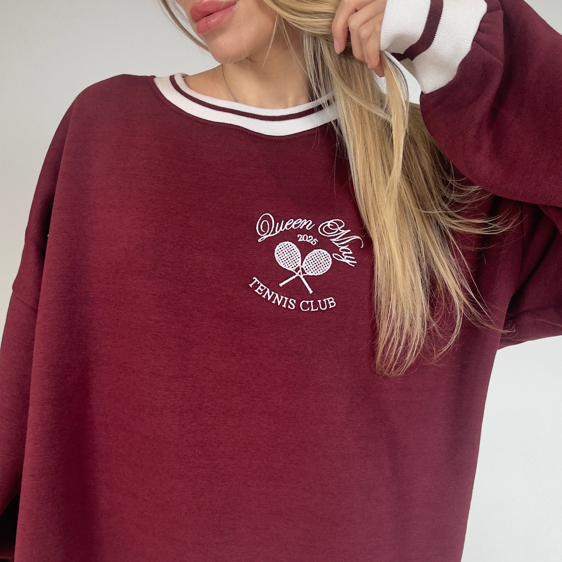 Queen May Tennis Club Pocket Embroidered Ribbed Hem Burgundy Sweatshirt - Queen May