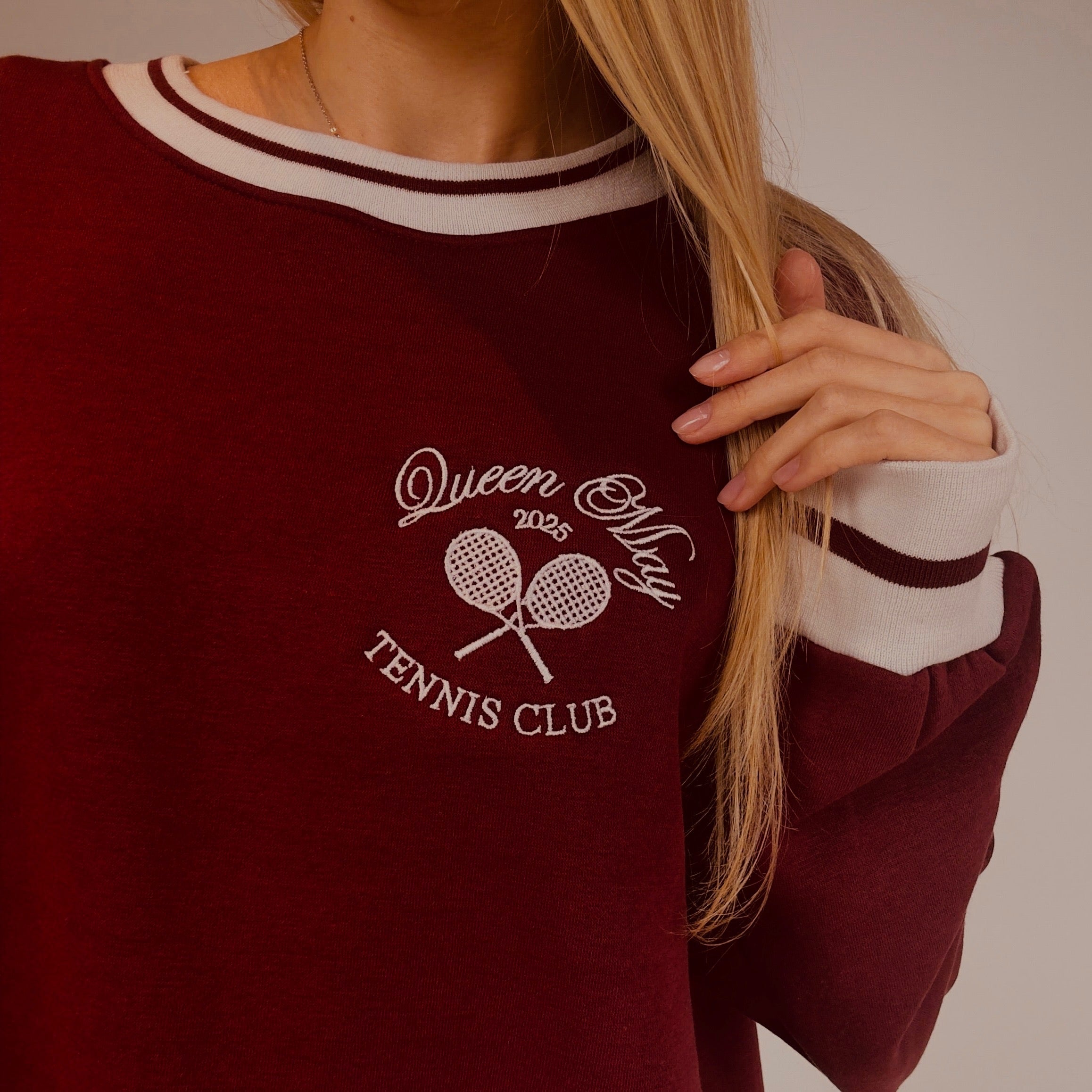 Queen May Tennis Club Pocket Embroidered Ribbed Hem Burgundy Sweatshirt - Queen May