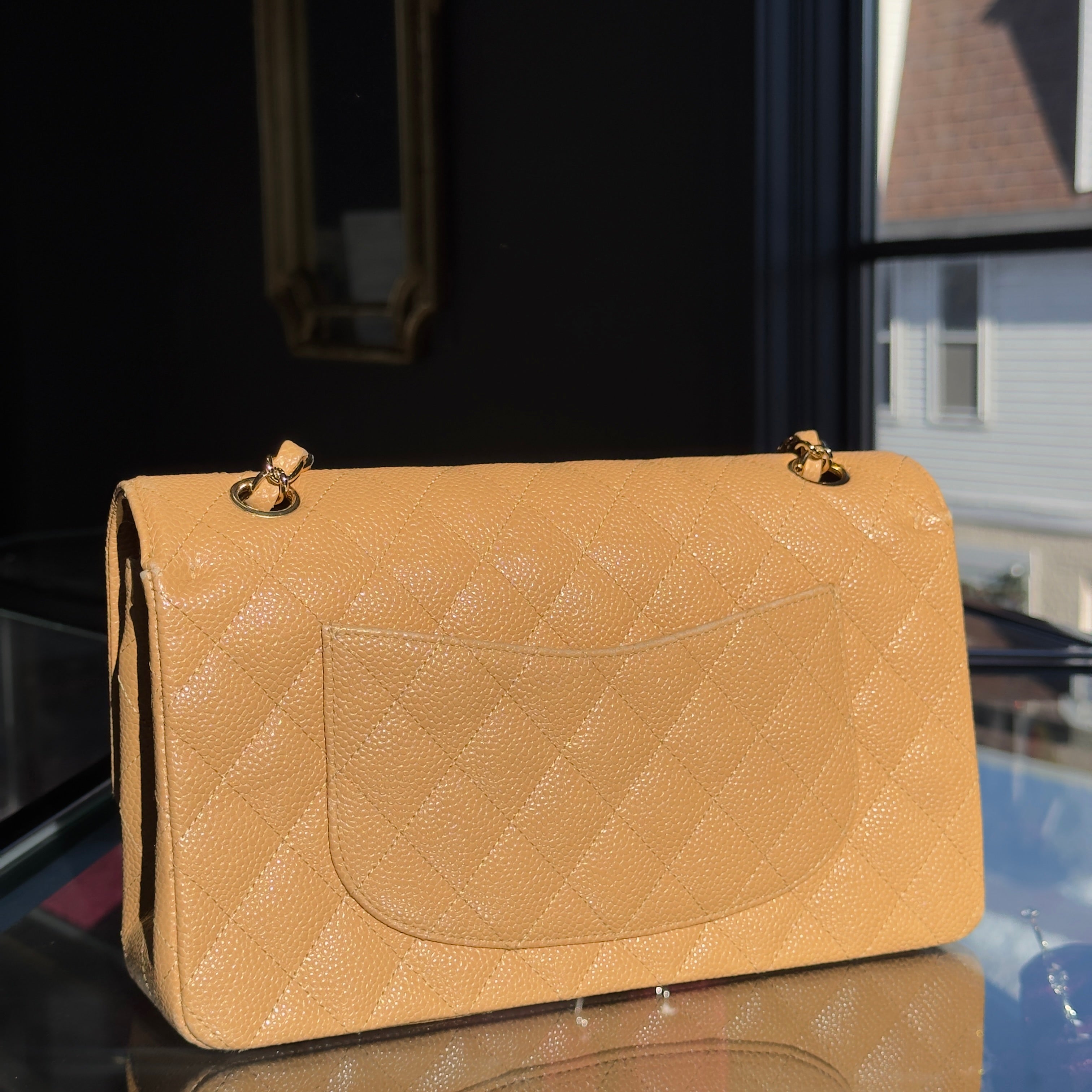 Chanel Vintage Camel Beige Quilted Caviar Medium Double Flap Gold Hardware 2005-2006 - Queen May