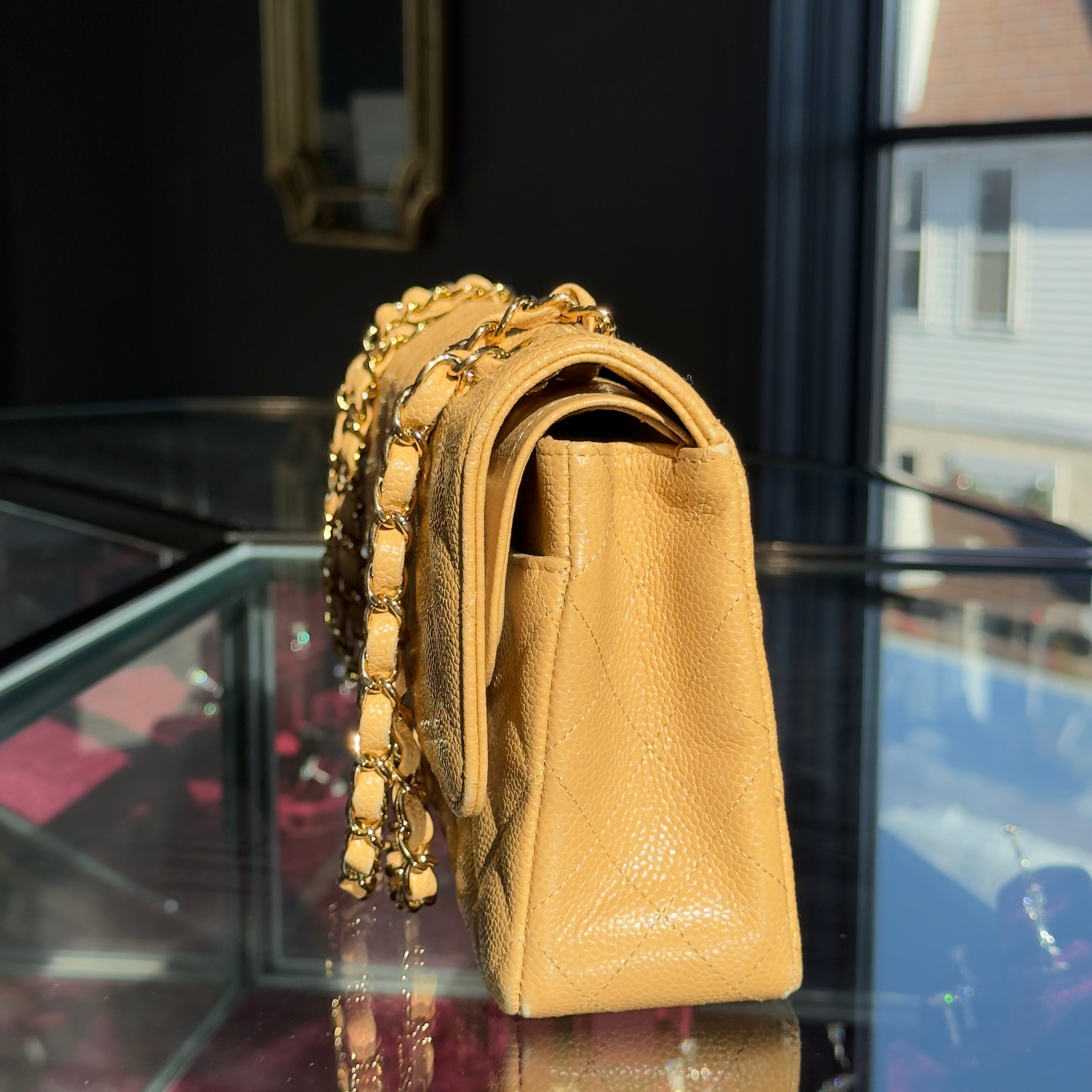 Chanel Vintage Camel Beige Quilted Caviar Medium Double Flap Gold Hardware 2005-2006 - Queen May