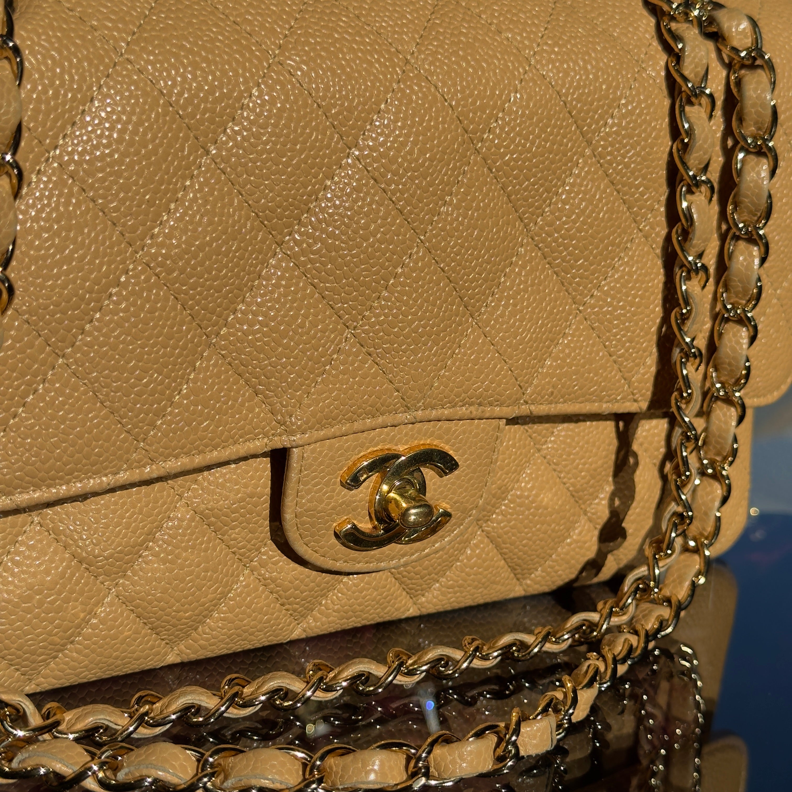 Chanel Vintage Camel Beige Quilted Caviar Medium Double Flap Gold Hardware 2005-2006 - Queen May