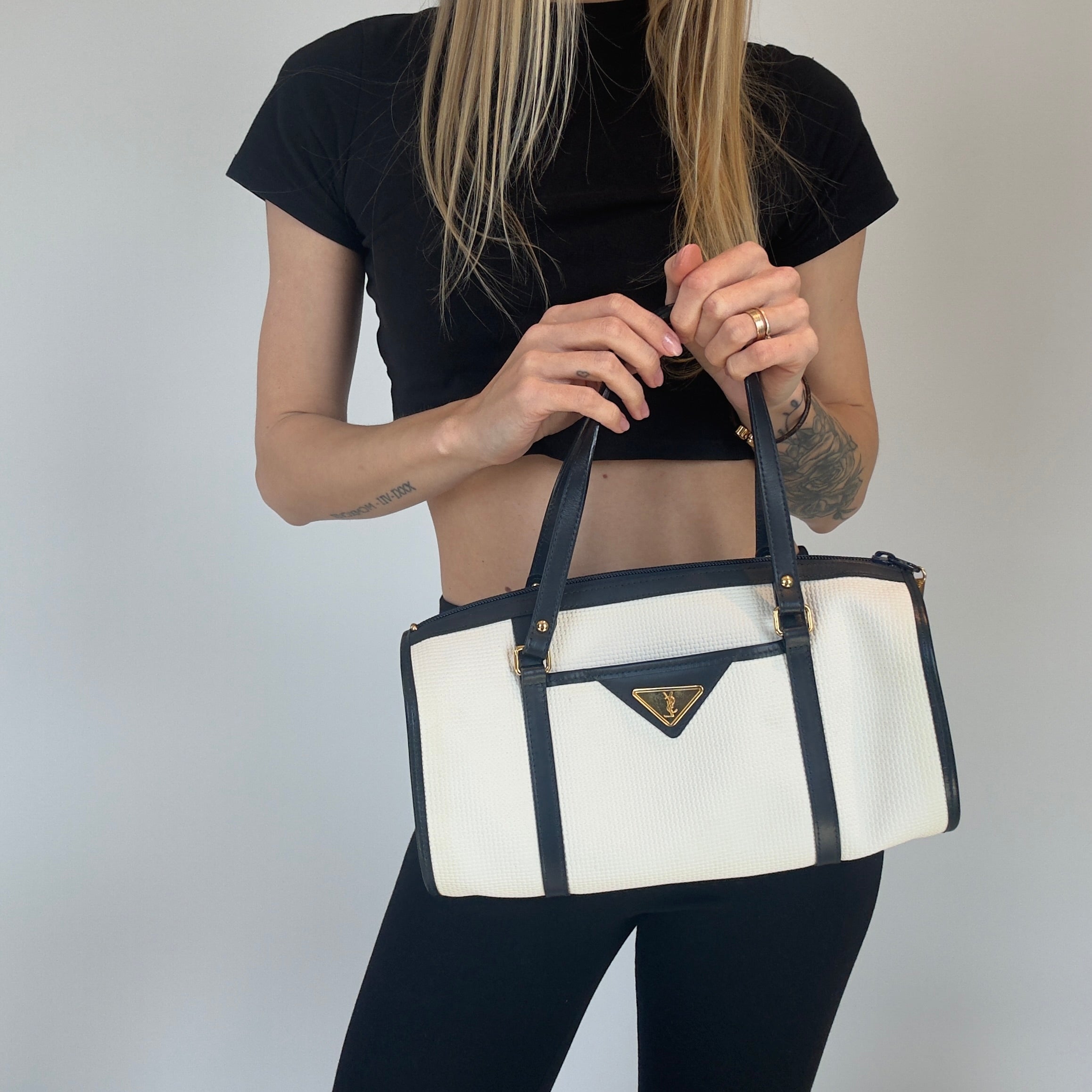 Vintage Yves Saint Laurent Boston Bag White/Navy - Queen May