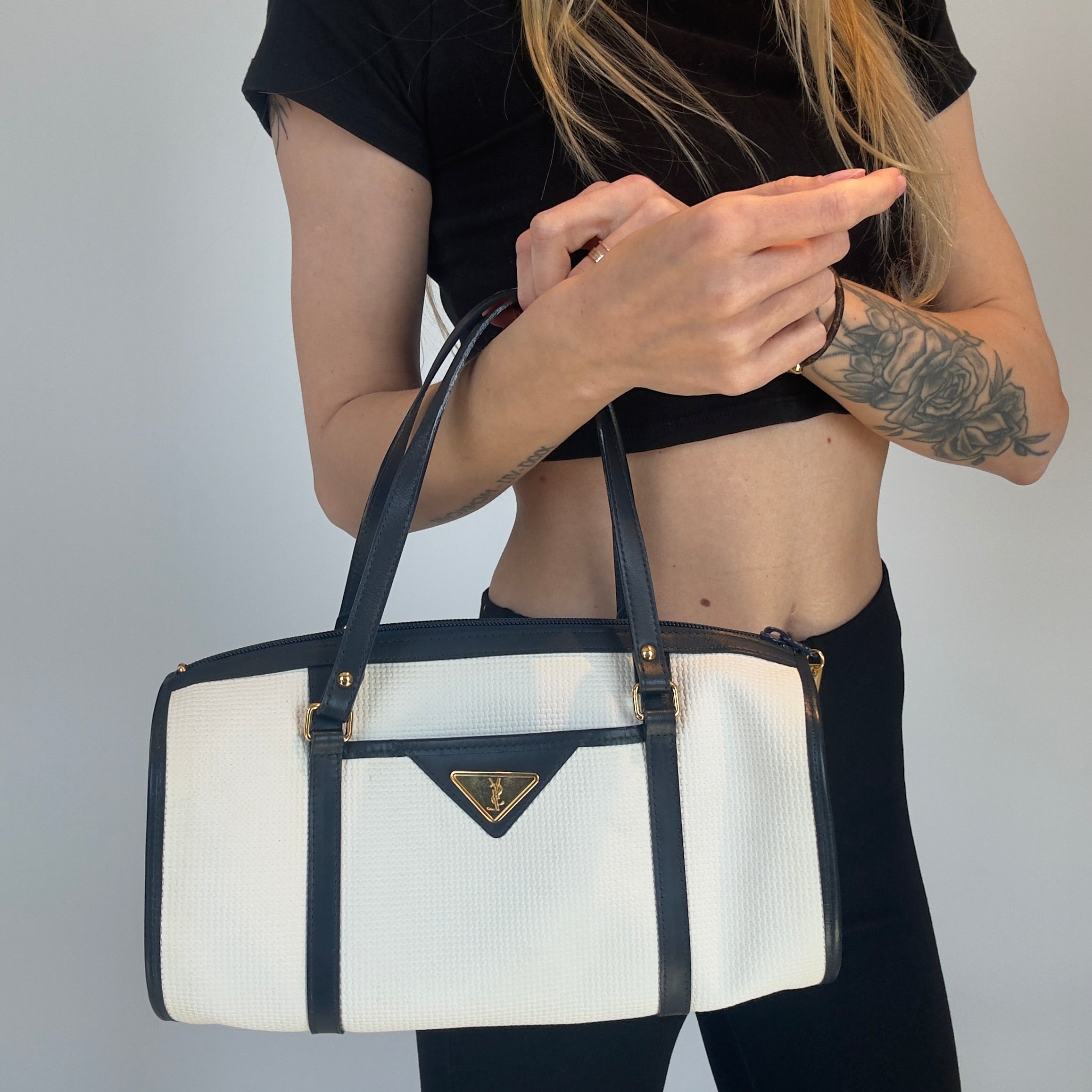Vintage Yves Saint Laurent Boston Bag White/Navy - Queen May