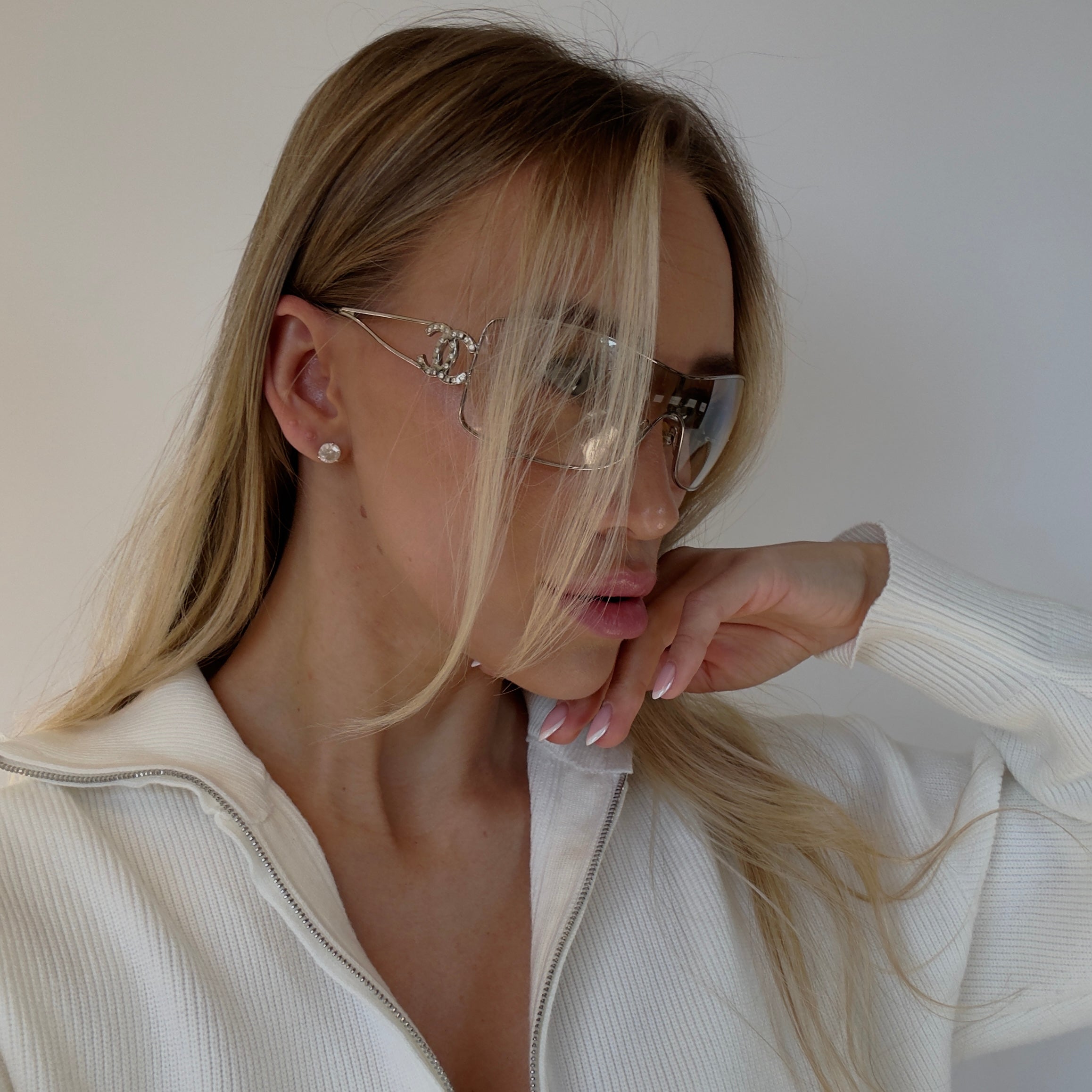 Chanel 2000s Swarowski CC Logo Shield Sunglasses - Queen May