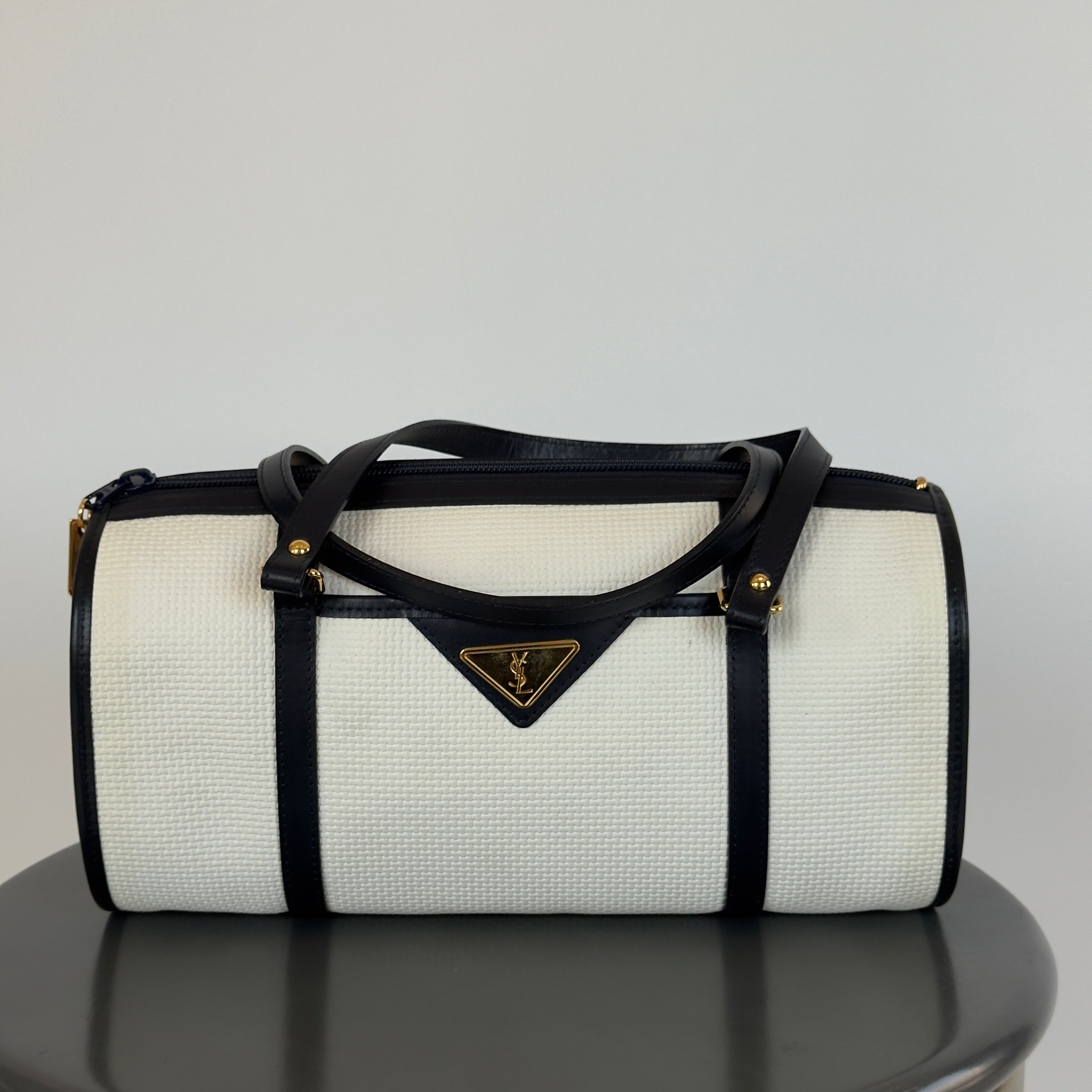 Vintage Yves Saint Laurent Boston Bag White/Navy - Queen May
