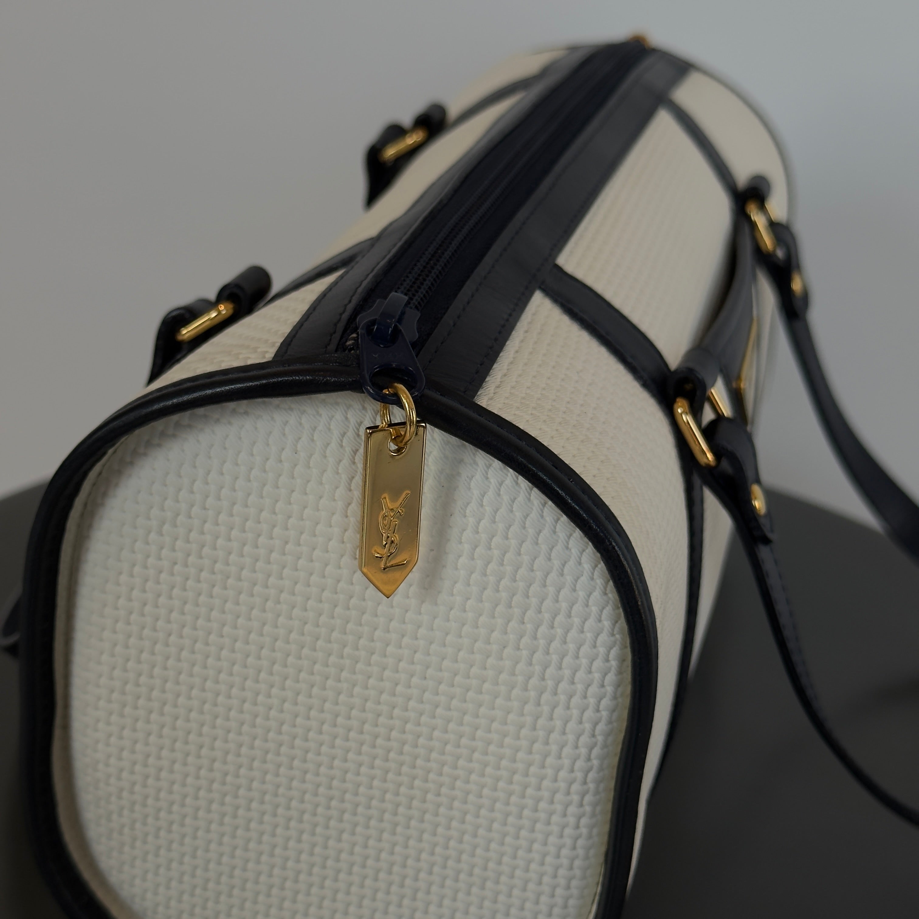 Vintage Yves Saint Laurent Boston Bag White/Navy - Queen May