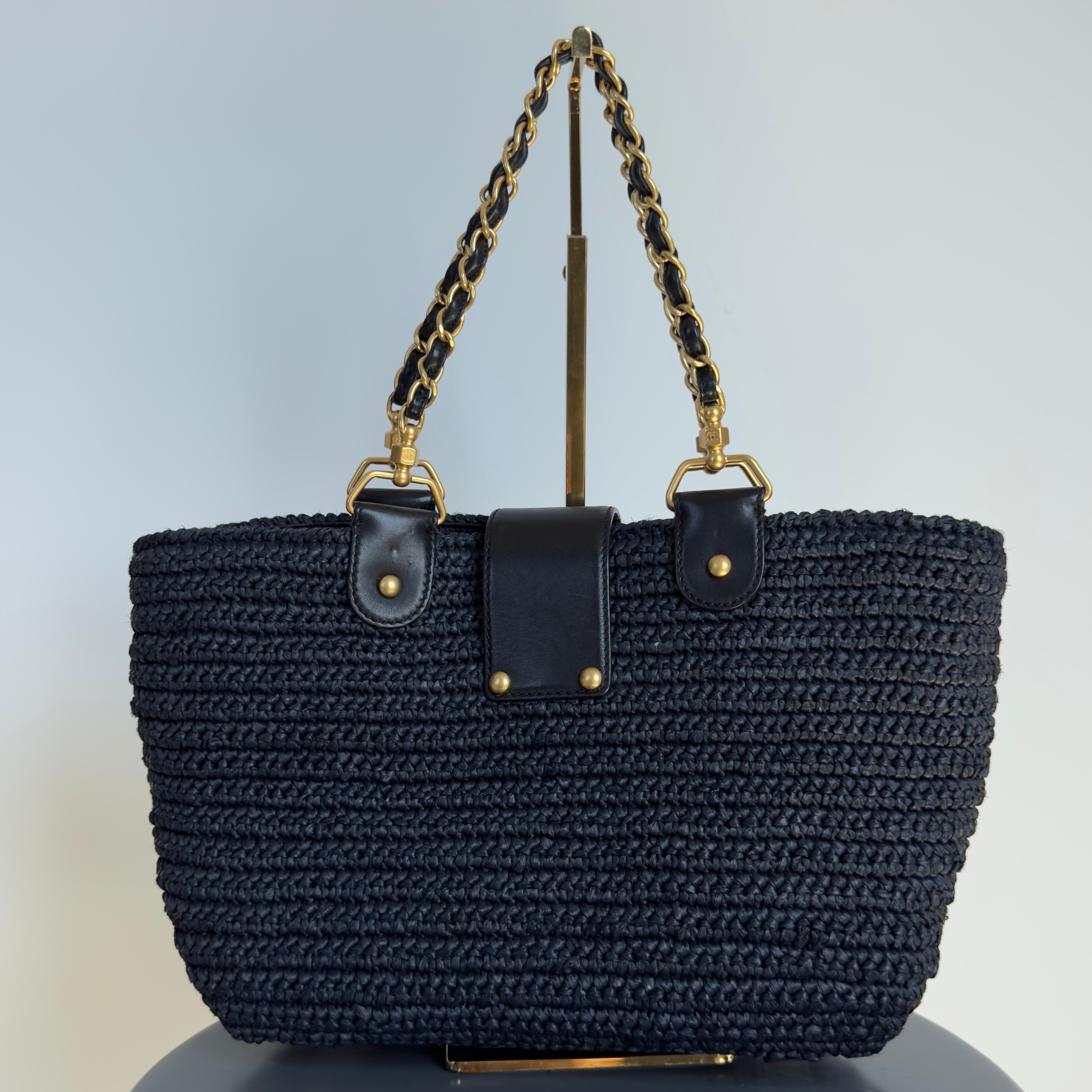 Chanel Woven Raffia Tote Bag Navy - Queen May