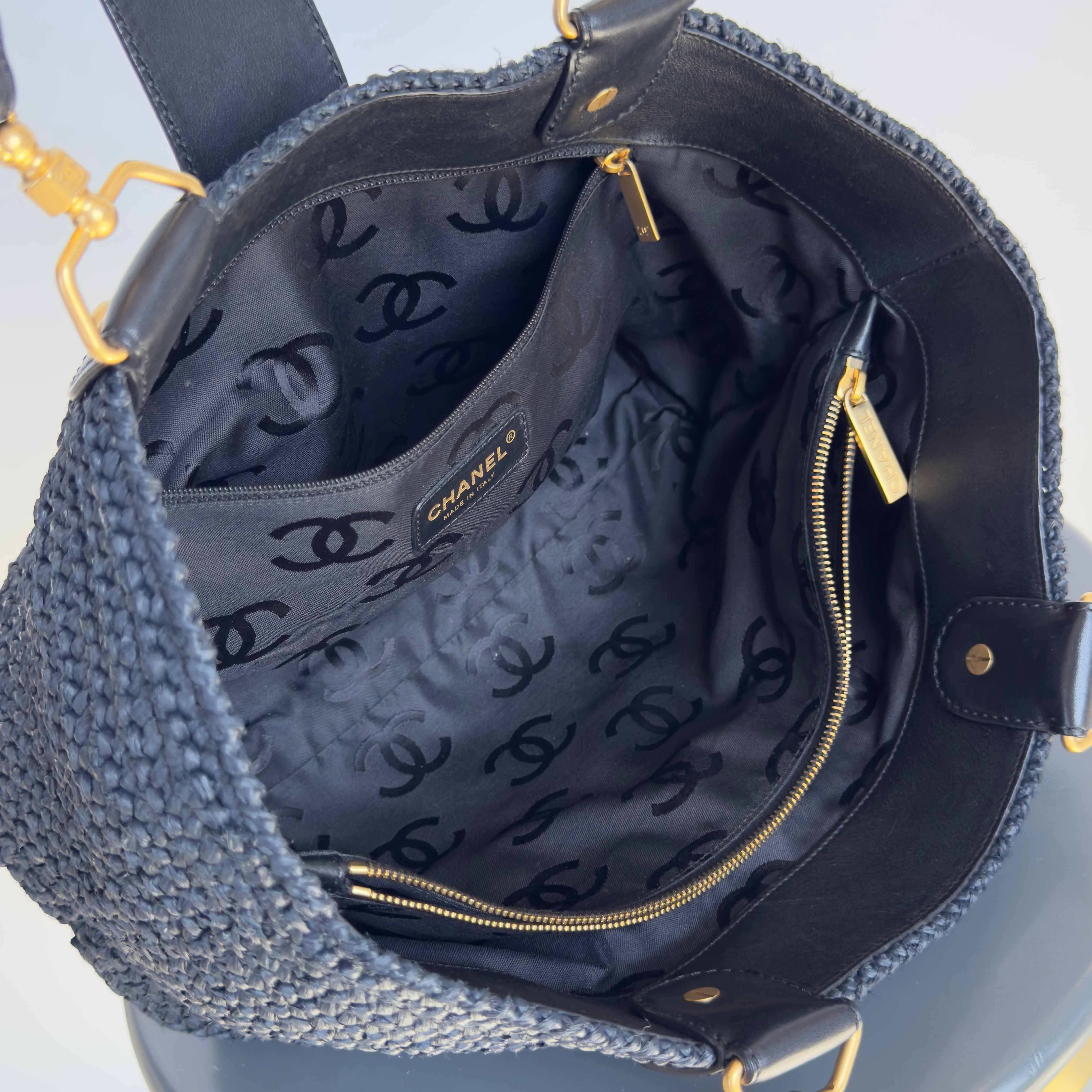 Chanel Woven Raffia Tote Bag Navy - Queen May