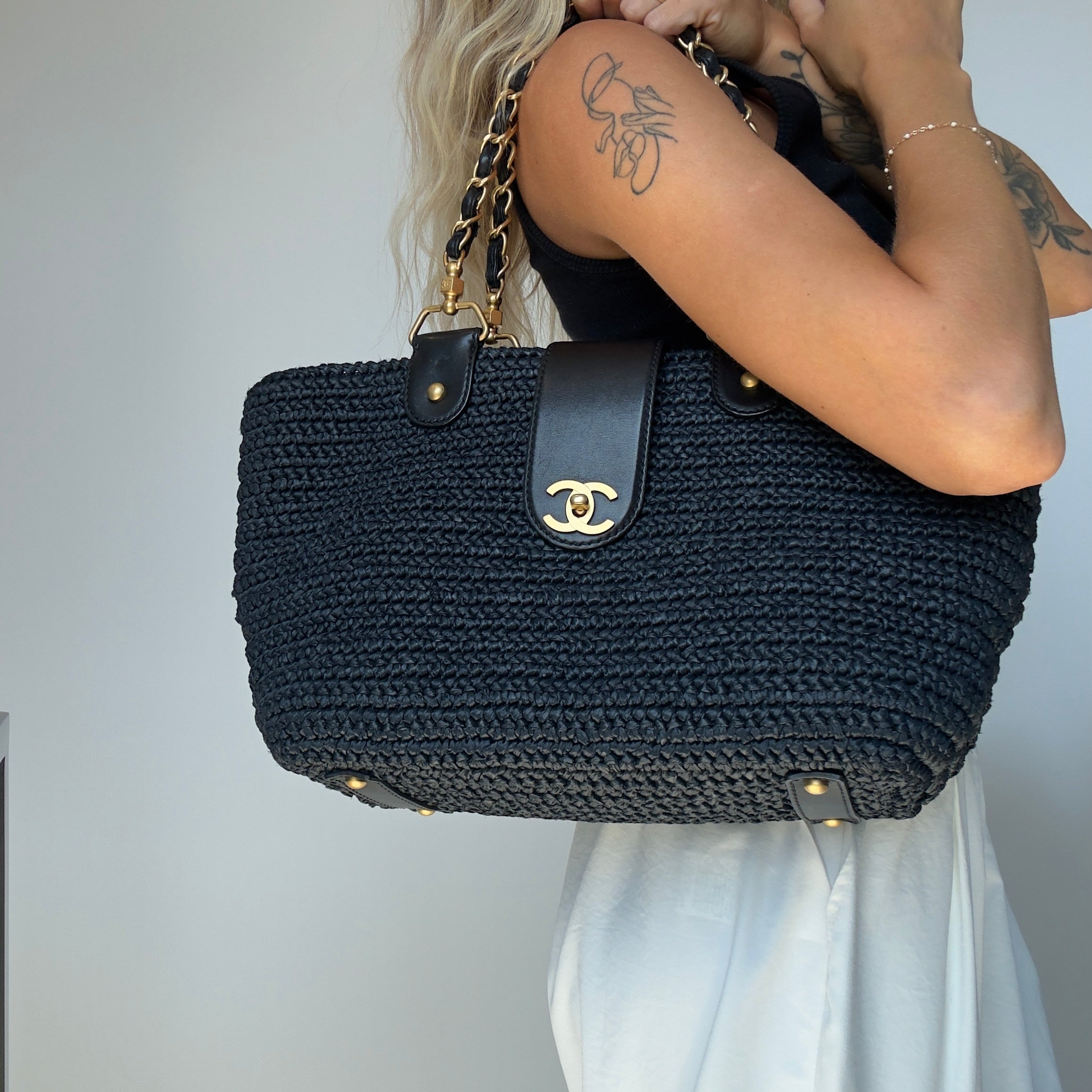 Chanel Woven Raffia Tote Bag Navy - Queen May