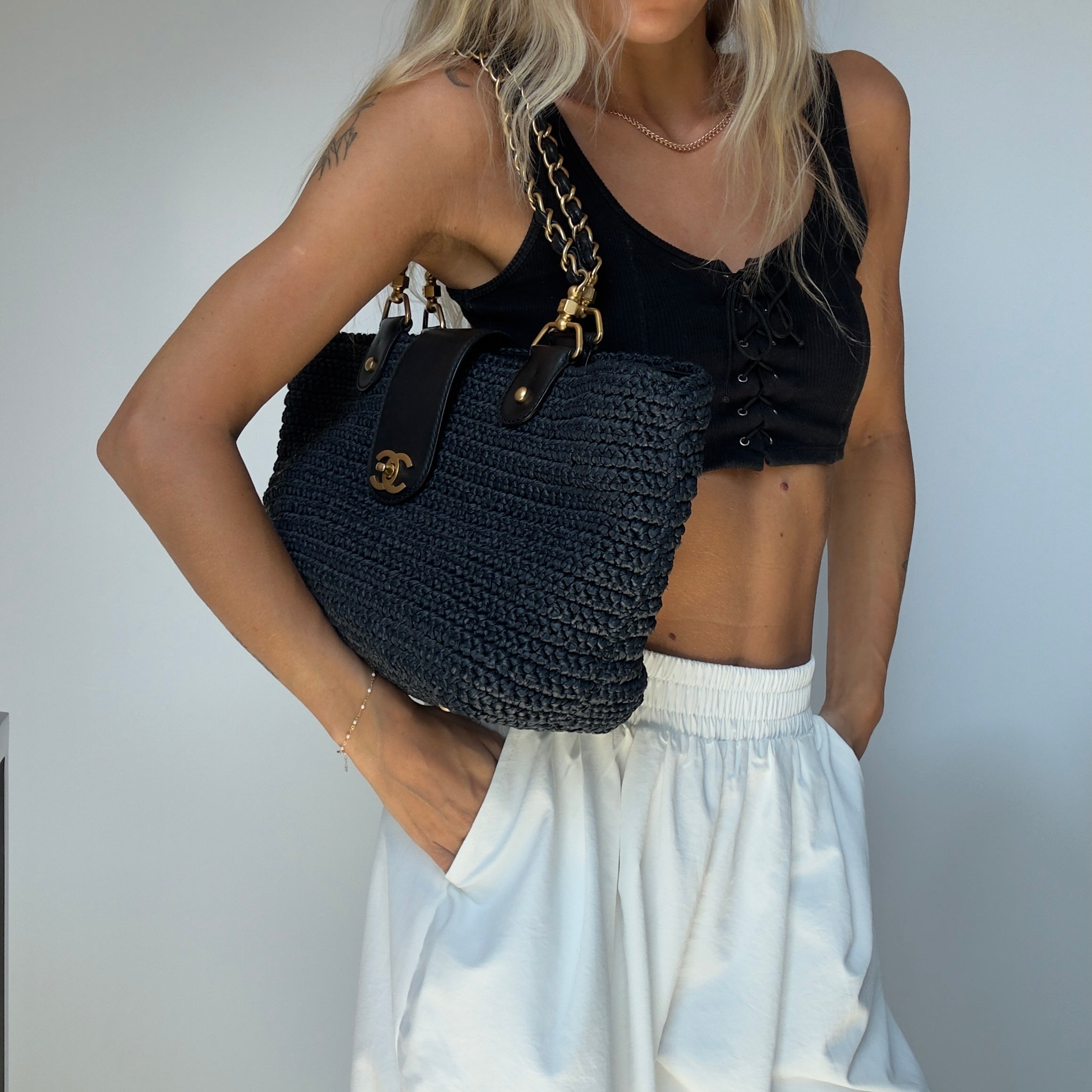 Chanel Woven Raffia Tote Bag Navy - Queen May