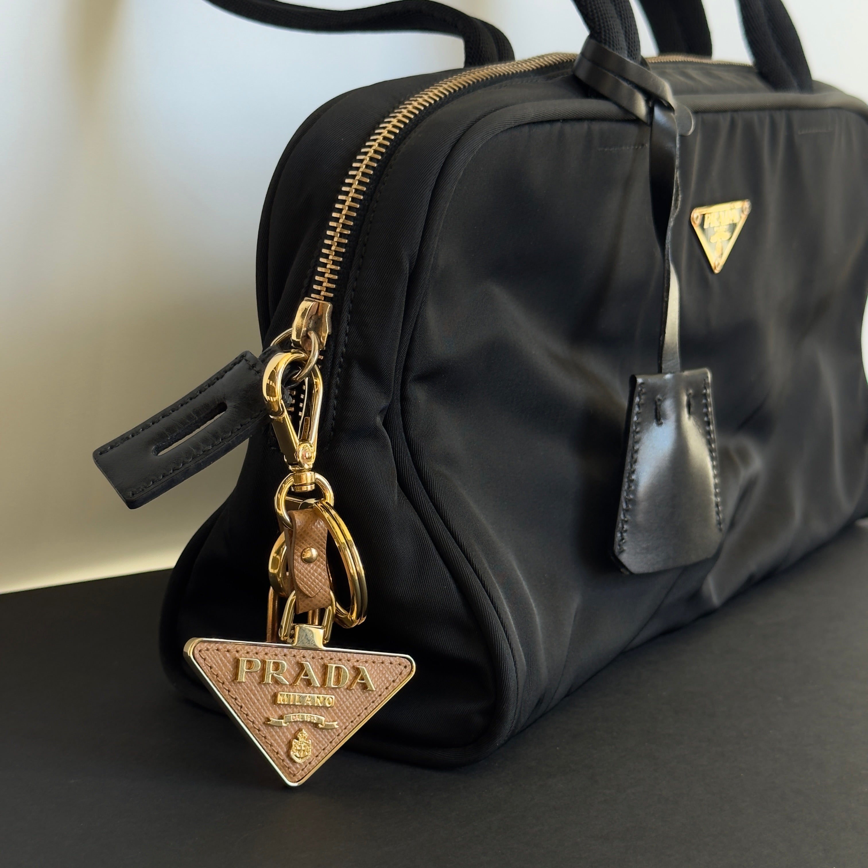 Prada Saffiano Leather Taupe Triangle Key Ring - Queen May