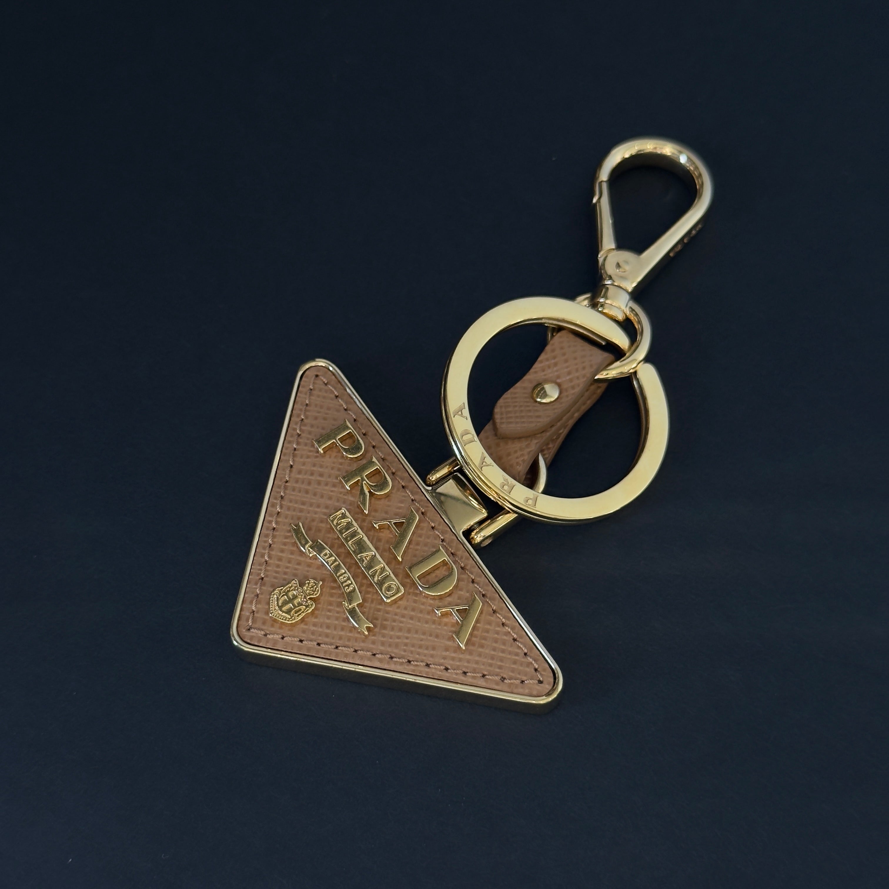 Prada Saffiano Leather Taupe Triangle Key Ring - Queen May