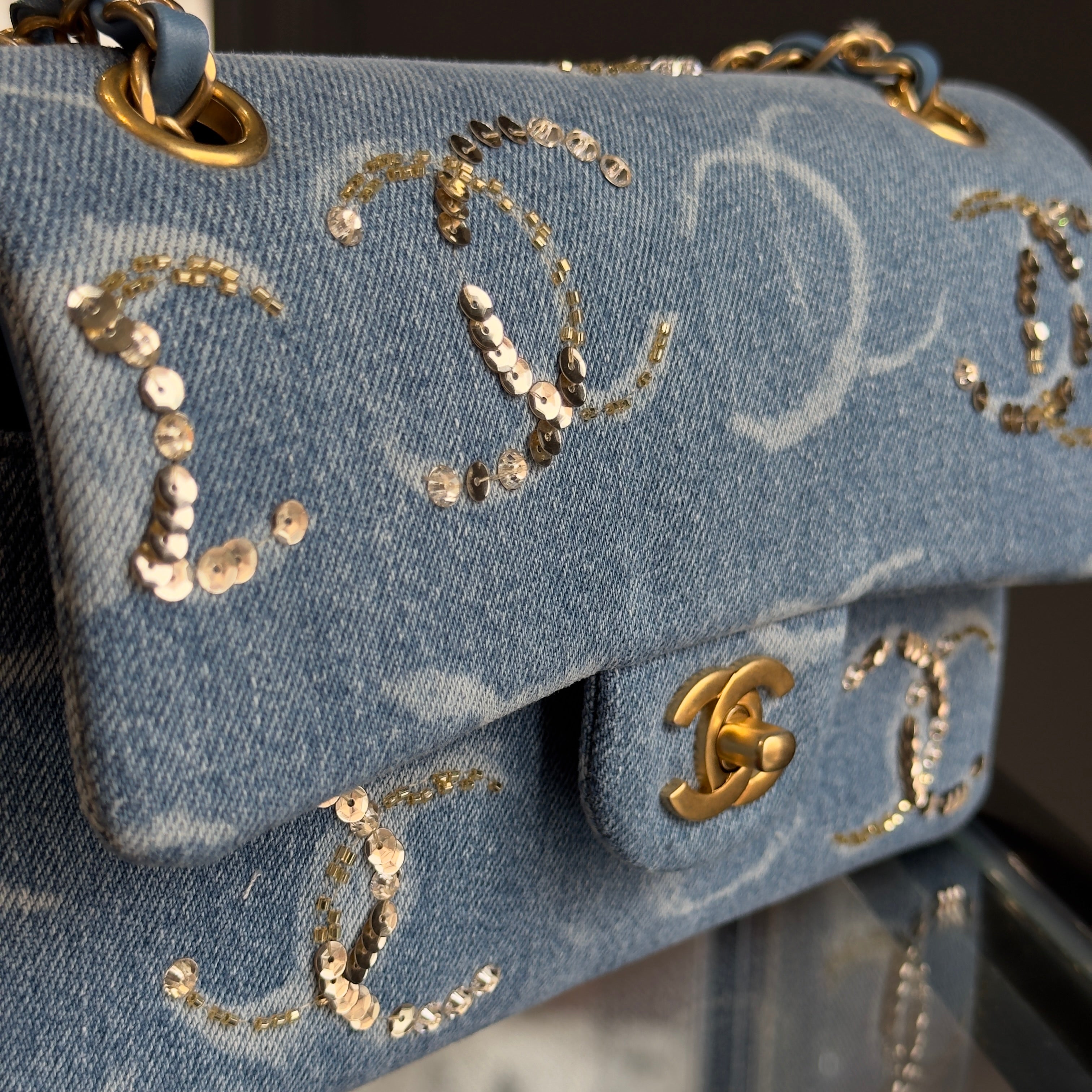 Chanel Blue Denim Sequin CC Flap Bag 23B Small - Queen May
