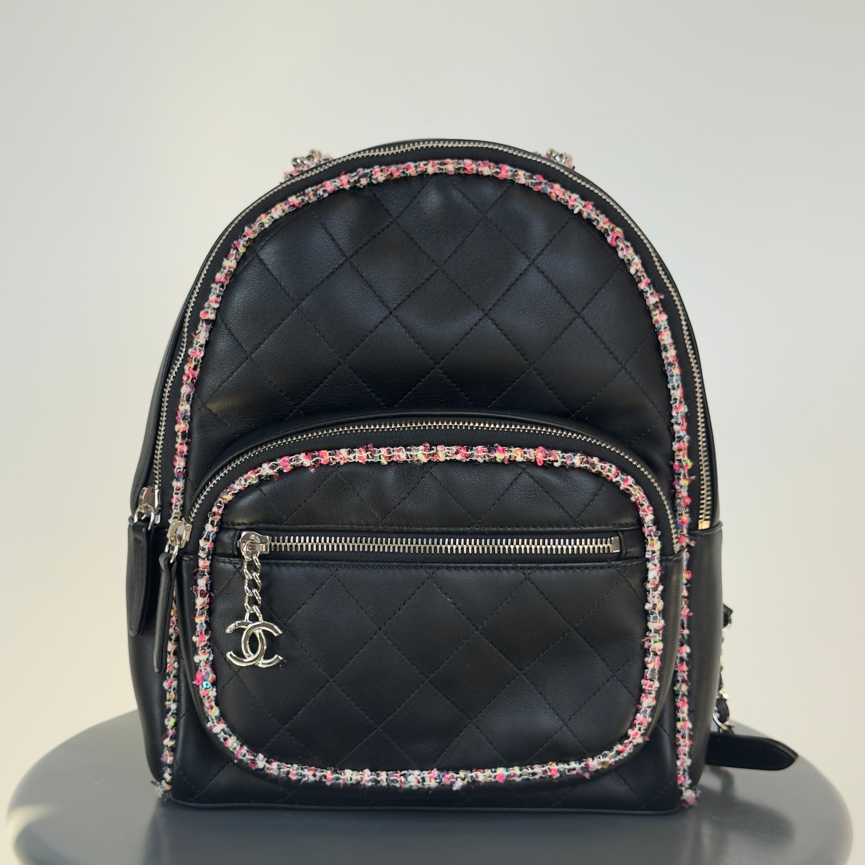 Chanel Elegant Trim Backpack Quilted Leather With Tweed Small - Queen May