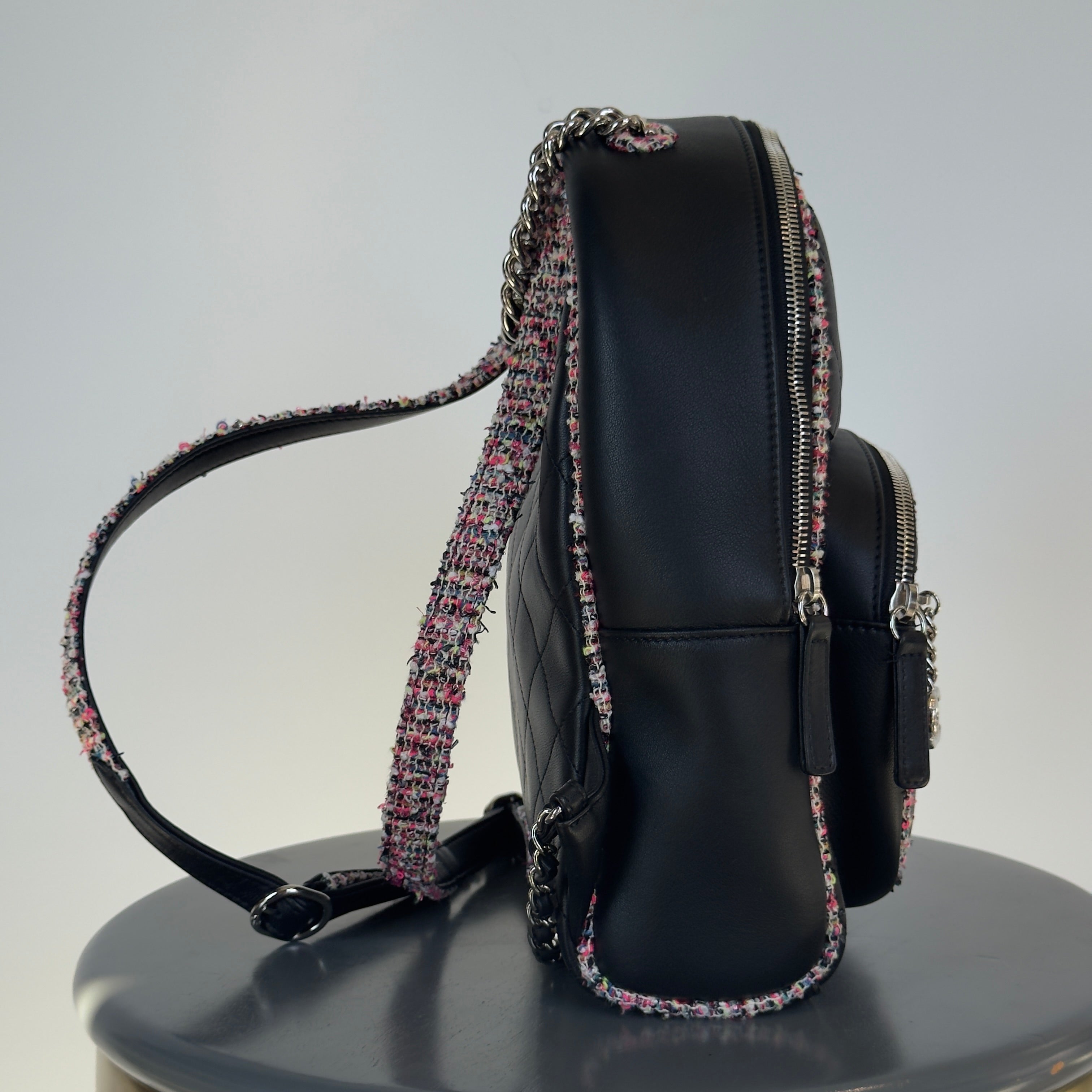 Chanel Elegant Trim Backpack Quilted Leather With Tweed Small - Queen May